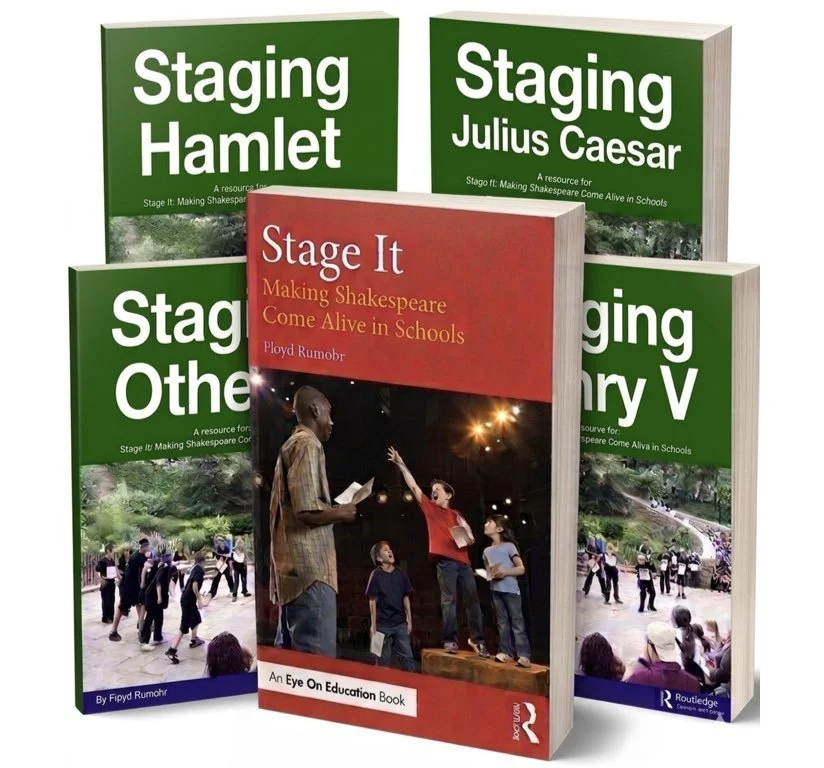 Five books included with Stage It: Making Shakespeare Come Alive in Schools including main professional development guide and four developmentally and age-appropriate Shakespeare adaptations for teachers of students ages 9-12.