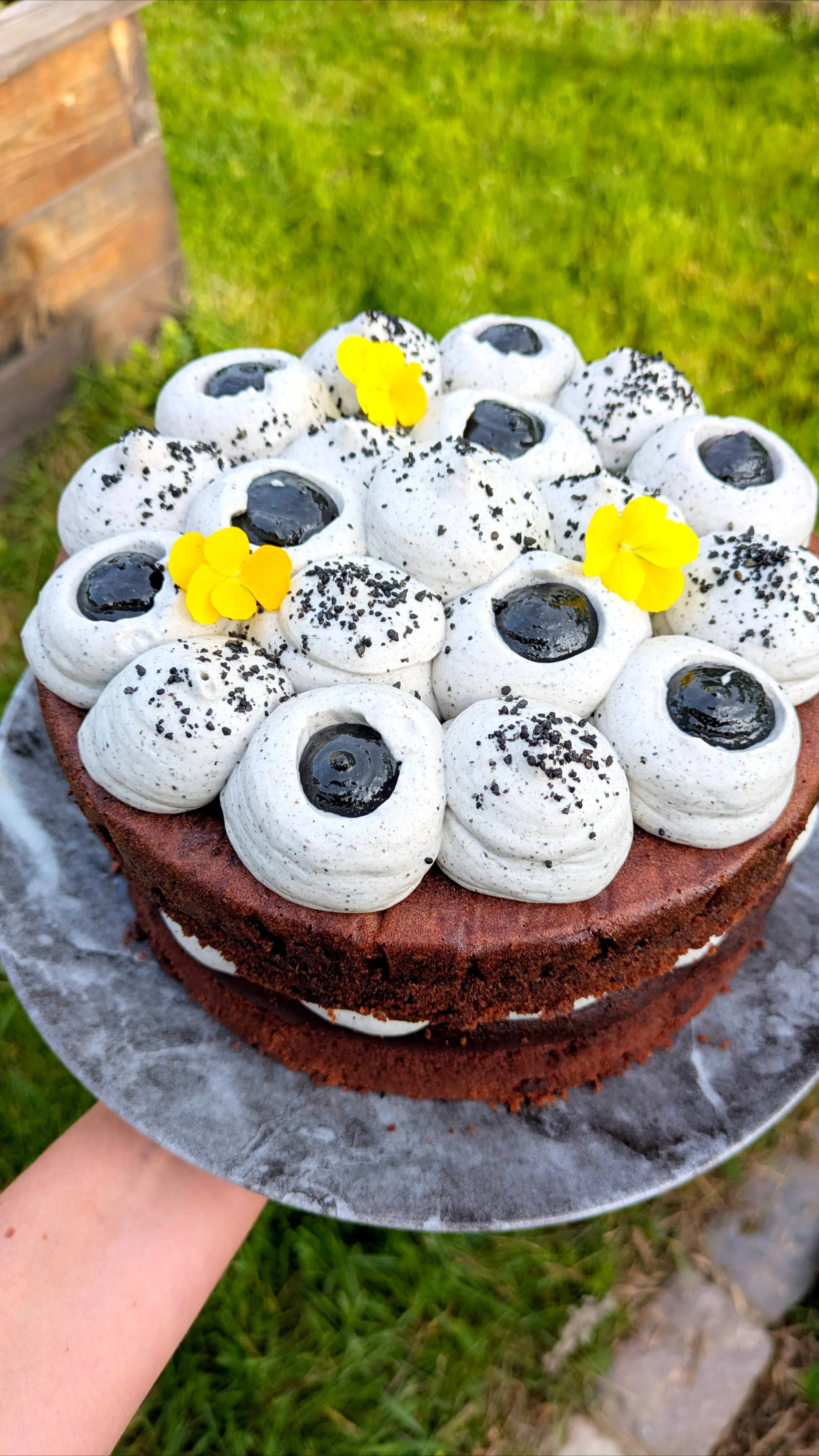 Gâteau au chocolat décoré de meringues blanches avec des morceaux de biscuit noir, fleurs jaunes et poudre noire, présenté à l'extérieur sur une surface en pierre avec de l'herbe verte en arrière-plan.