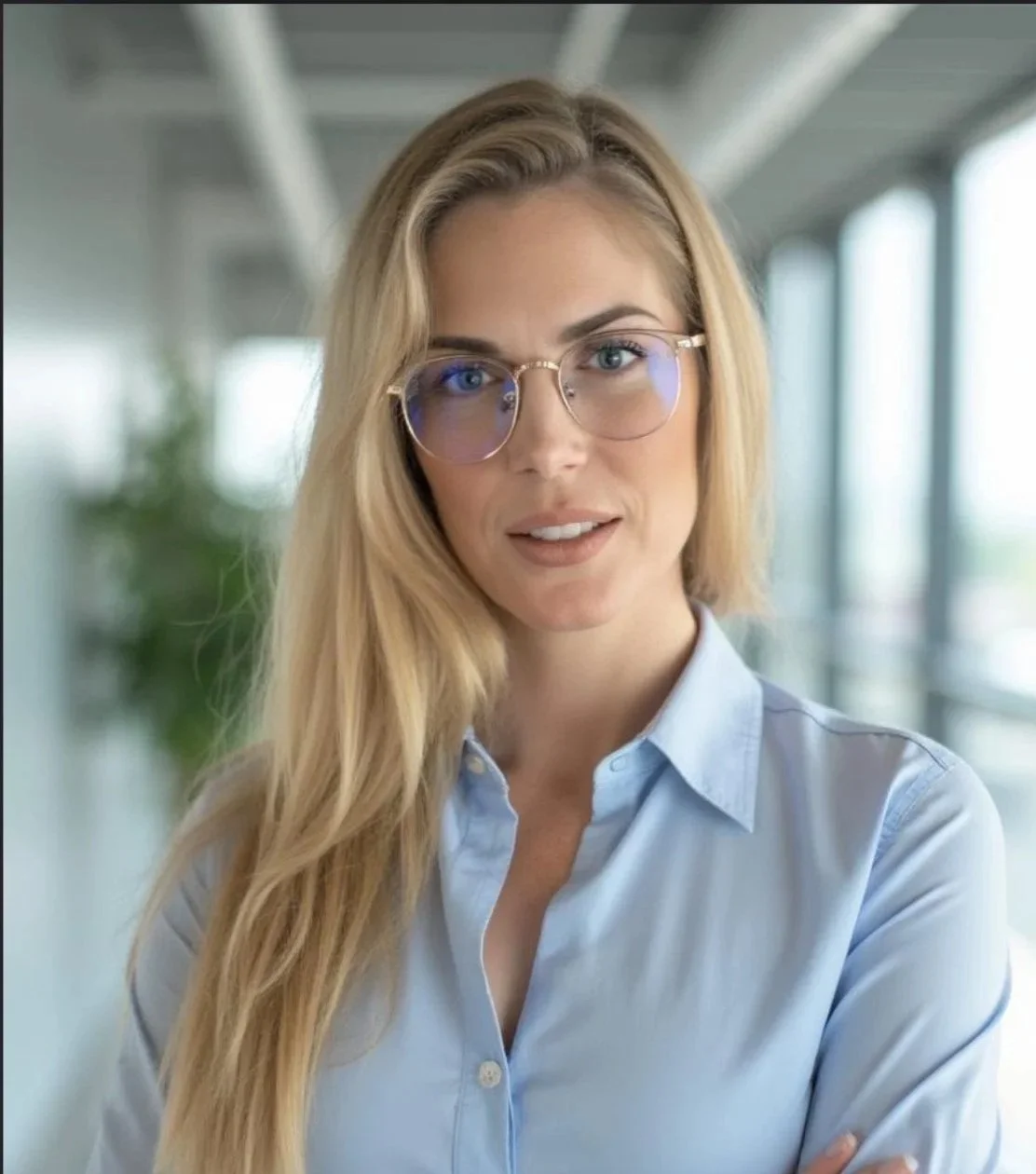 A woman with long blonde hair, wearing glasses with blue reflective lenses, and a light blue button-up shirt, standing in a modern, bright office corridor with large windows.