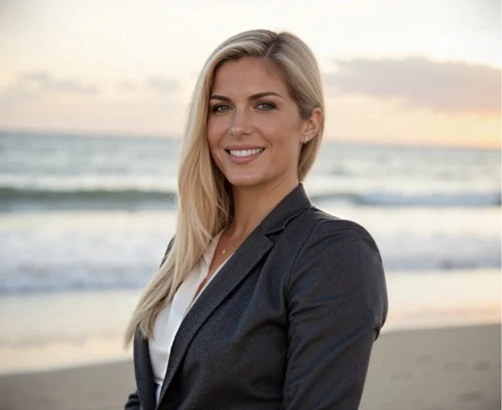 A woman with blonde hair smiling at the camera, wearing a black blazer, standing on a beach during sunset.