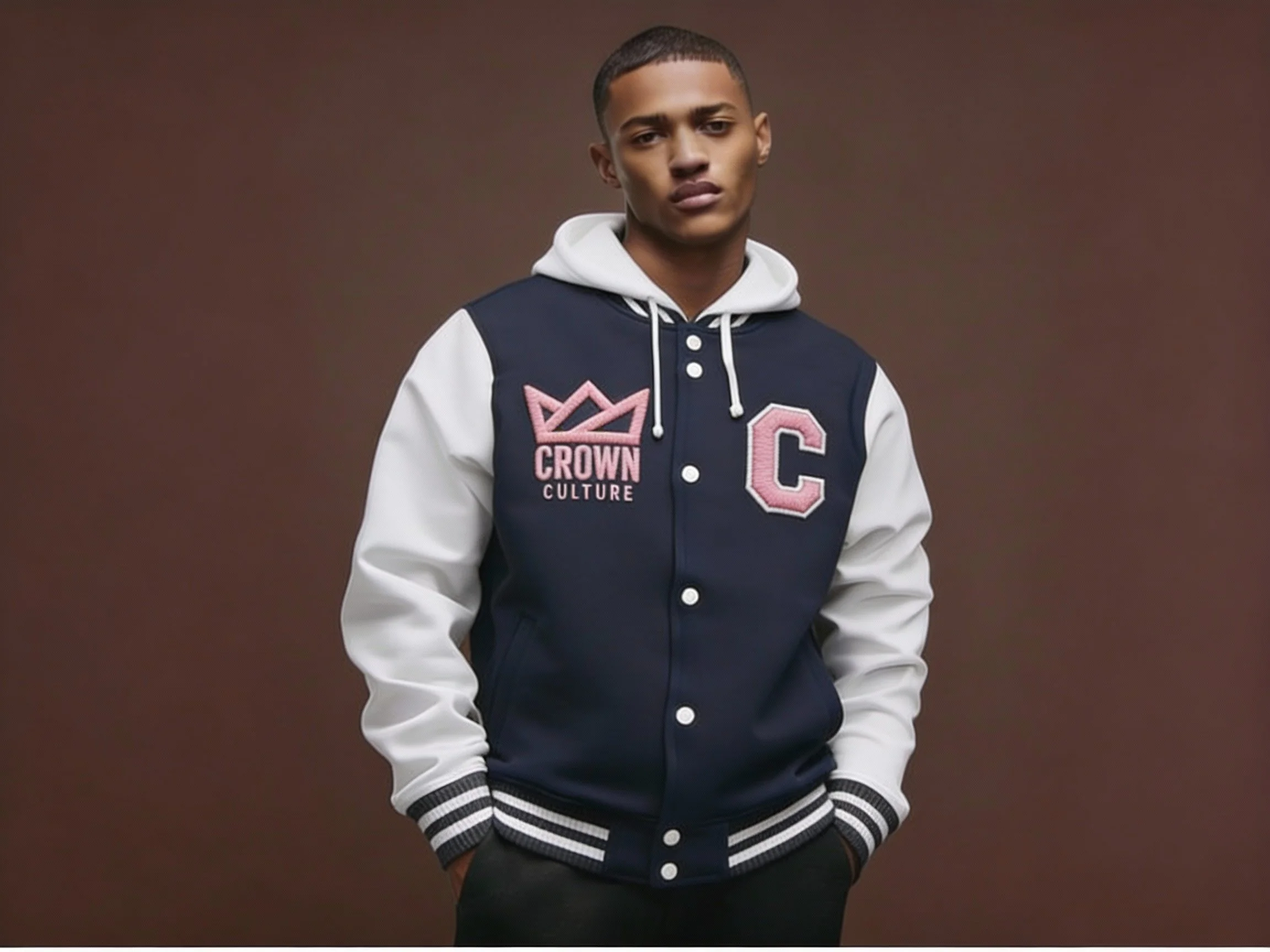 Crown Culture Fleece Letterman Jacket Navy - Pink 004.JPG