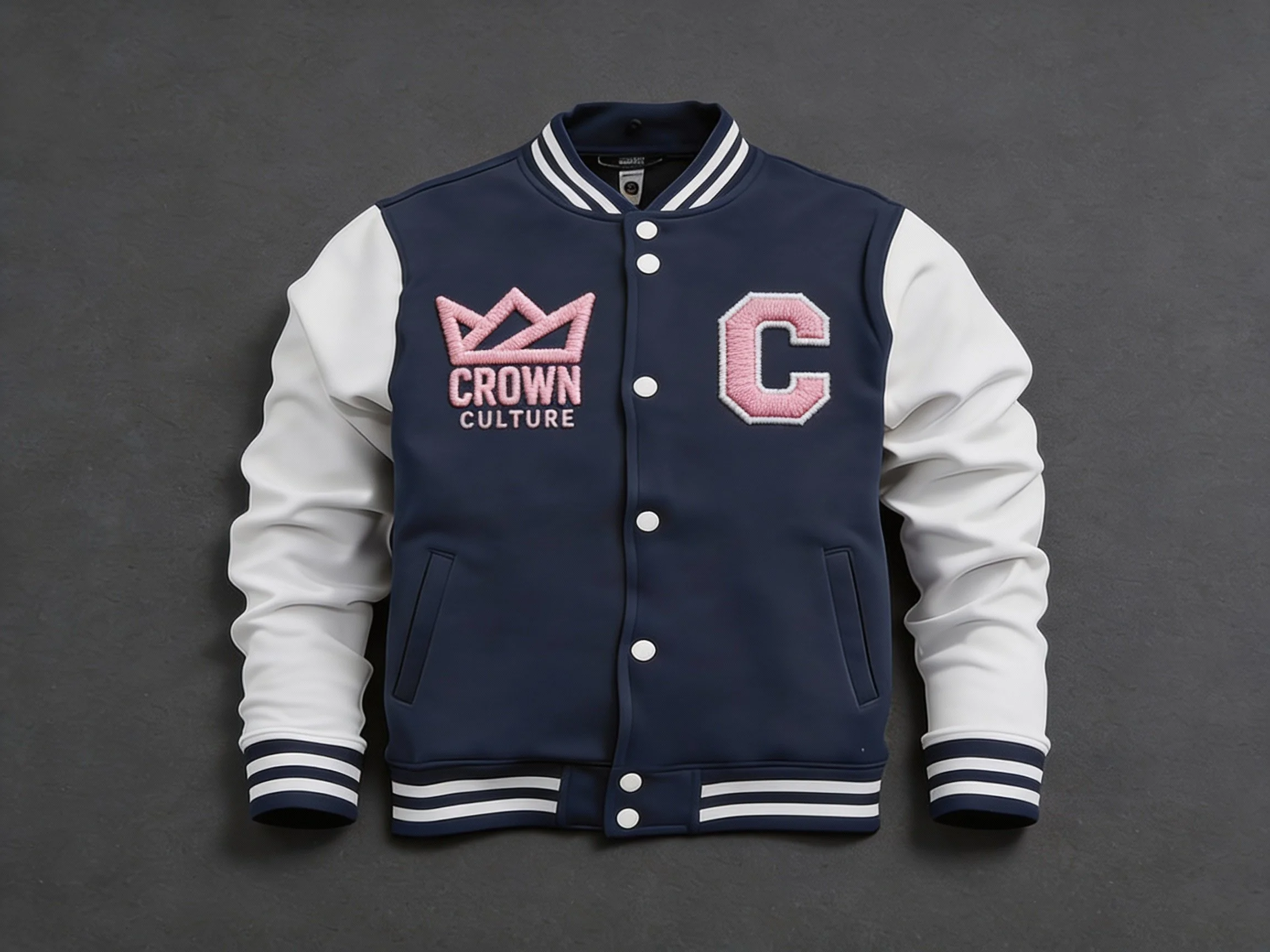 Crown Culture Fleece Letterman Jacket Navy & Pink
