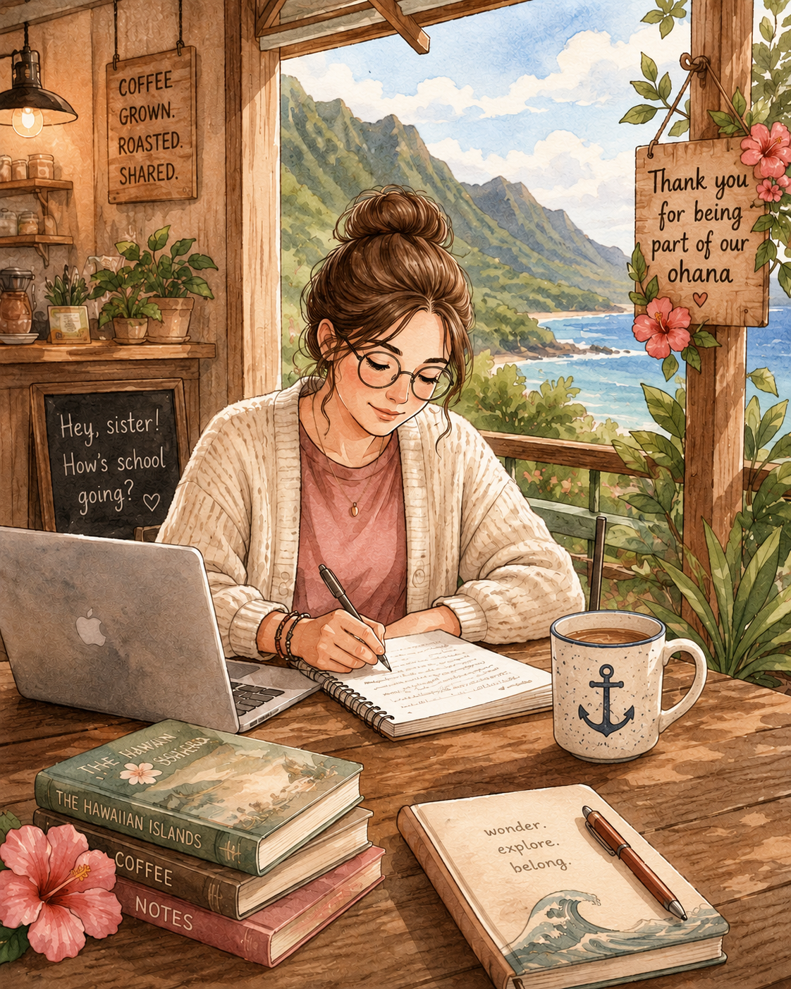 Watercolor illustration of a military spouse writing in a notebook at a coffee farm in Hawaii with mountain and ocean views, symbolizing finding community and belonging through third places.