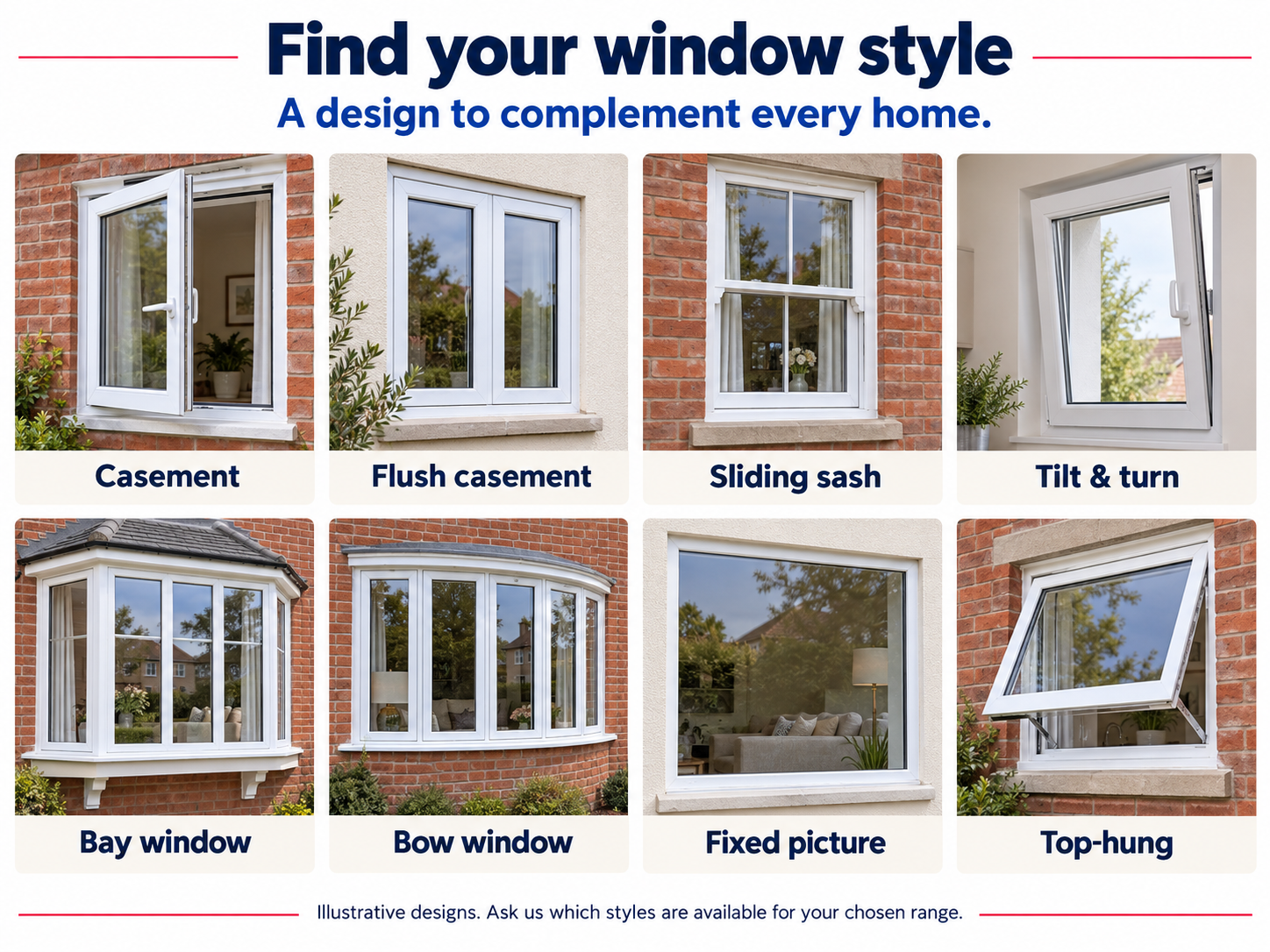 A visual presentation of different window styles with their names: Casement, Flush casement, Sliding sash, Tilt & turn, Bay window, Bow window, Fixed picture, and Top-hung. Each style is shown in a photograph with a label underneath, set against various house exteriors and interior backgrounds.
