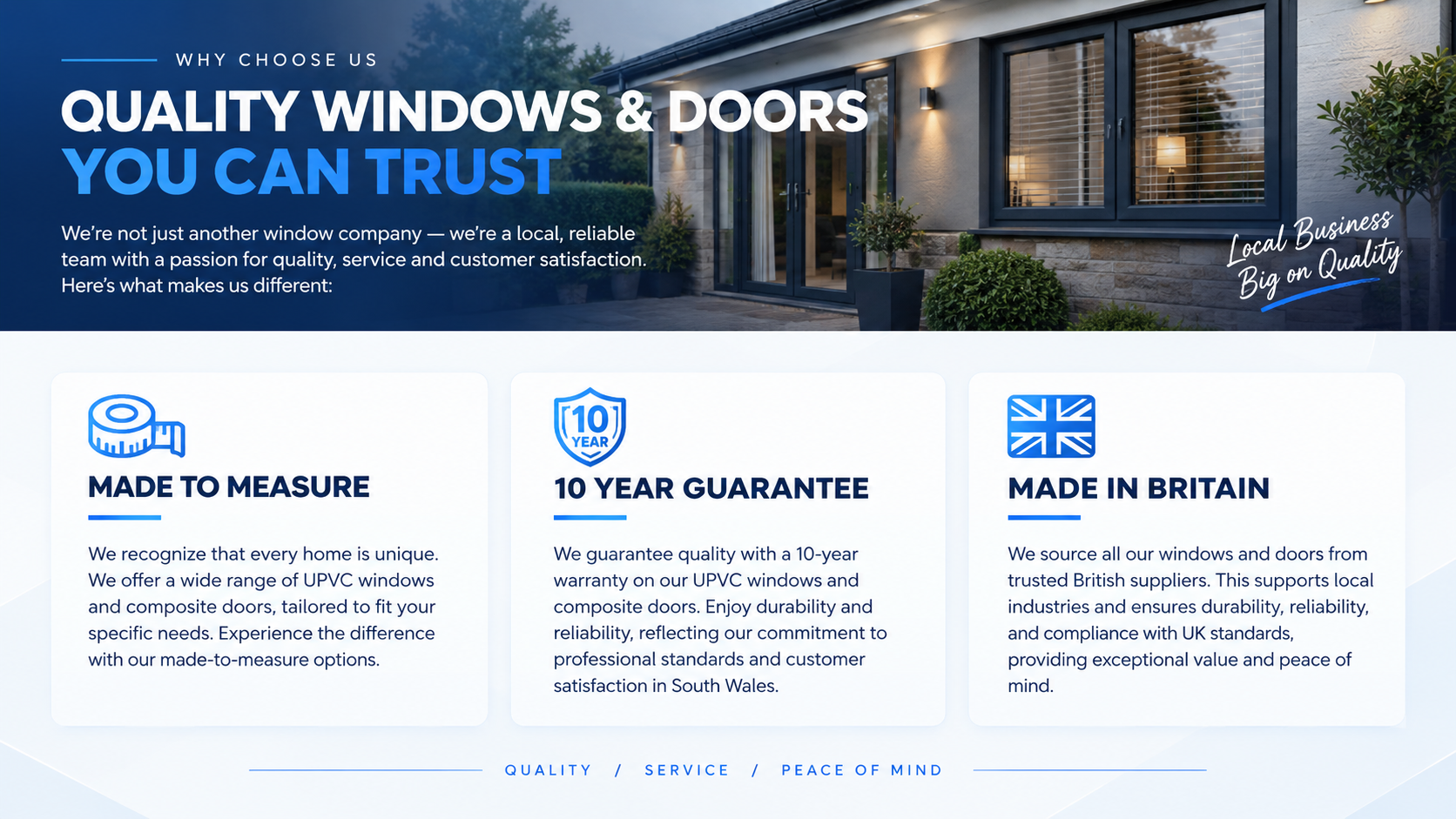 Website banner promoting high-quality windows and doors from a local UK company, featuring a house with large glass doors and windows, and symbols highlighting custom measurement, 10-year guarantee, and British manufacturing.