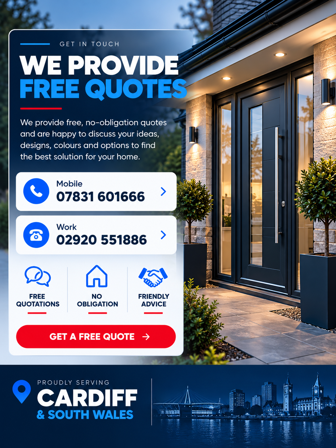 Flyer advertising free quotes for home improvement services with phone numbers, icons for free quotations, no obligation, friendly advice, and a call to action button. Features a modern house entrance and a Cardiff city skyline.