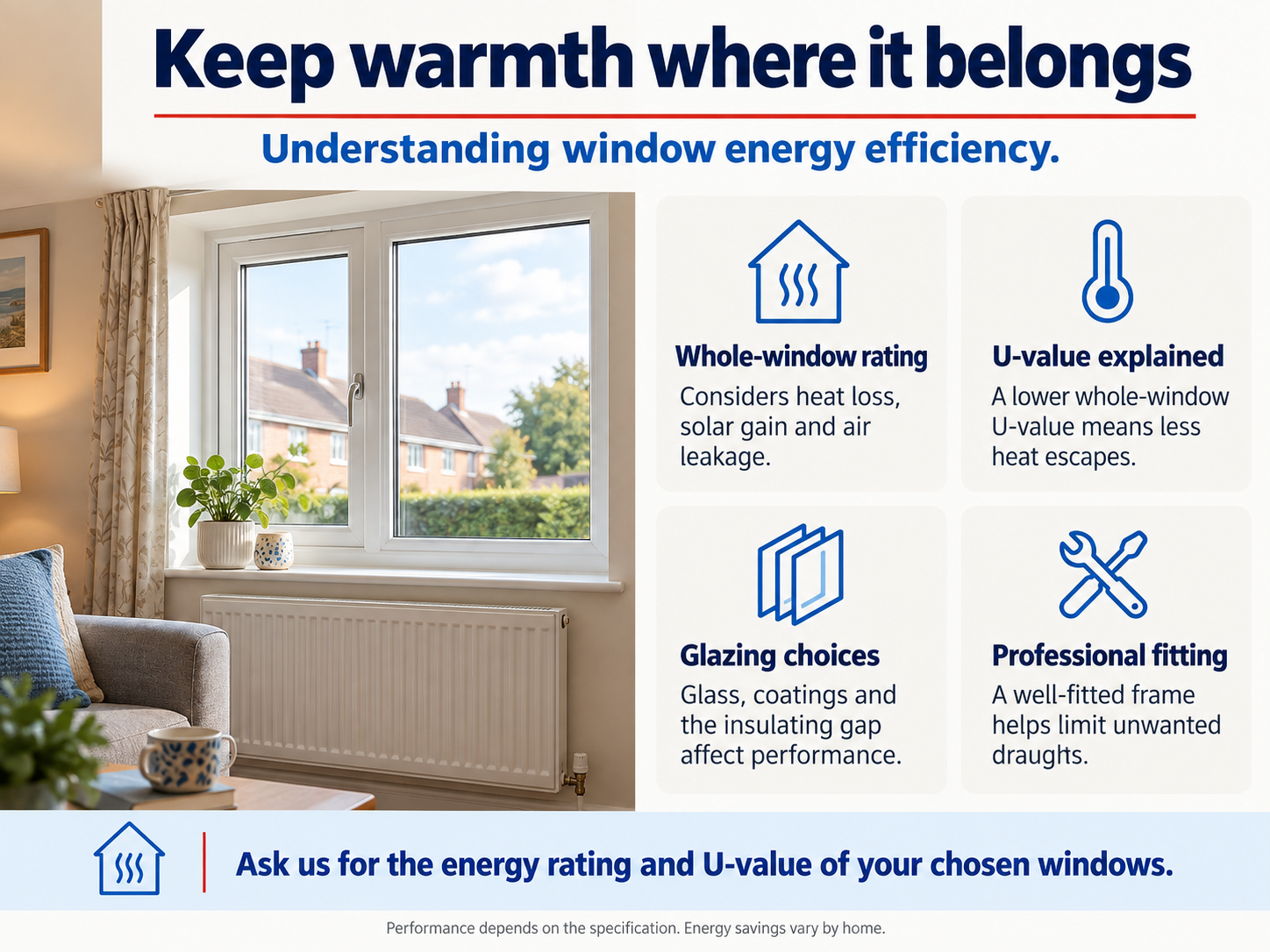 Information poster about window energy efficiency with text and icons. Includes tips on whole-window rating, U-value, glazing choices, and professional fitting, alongside an indoor picture with a window, bookshelf, plant, and sofa.