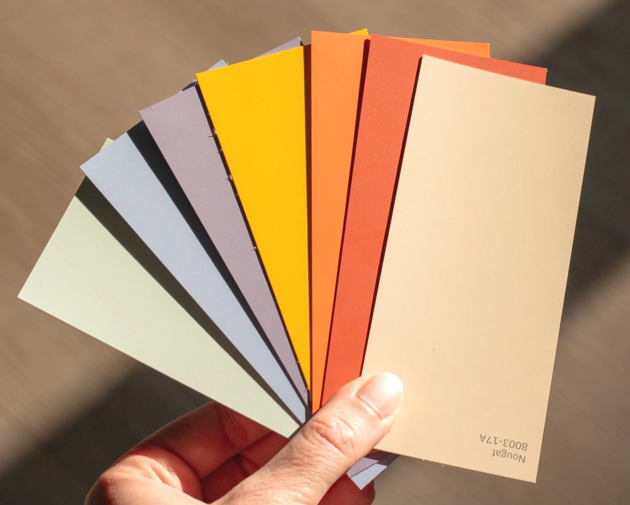 Hand holding fan of paint color swatches in various shades from light yellow to deep red.