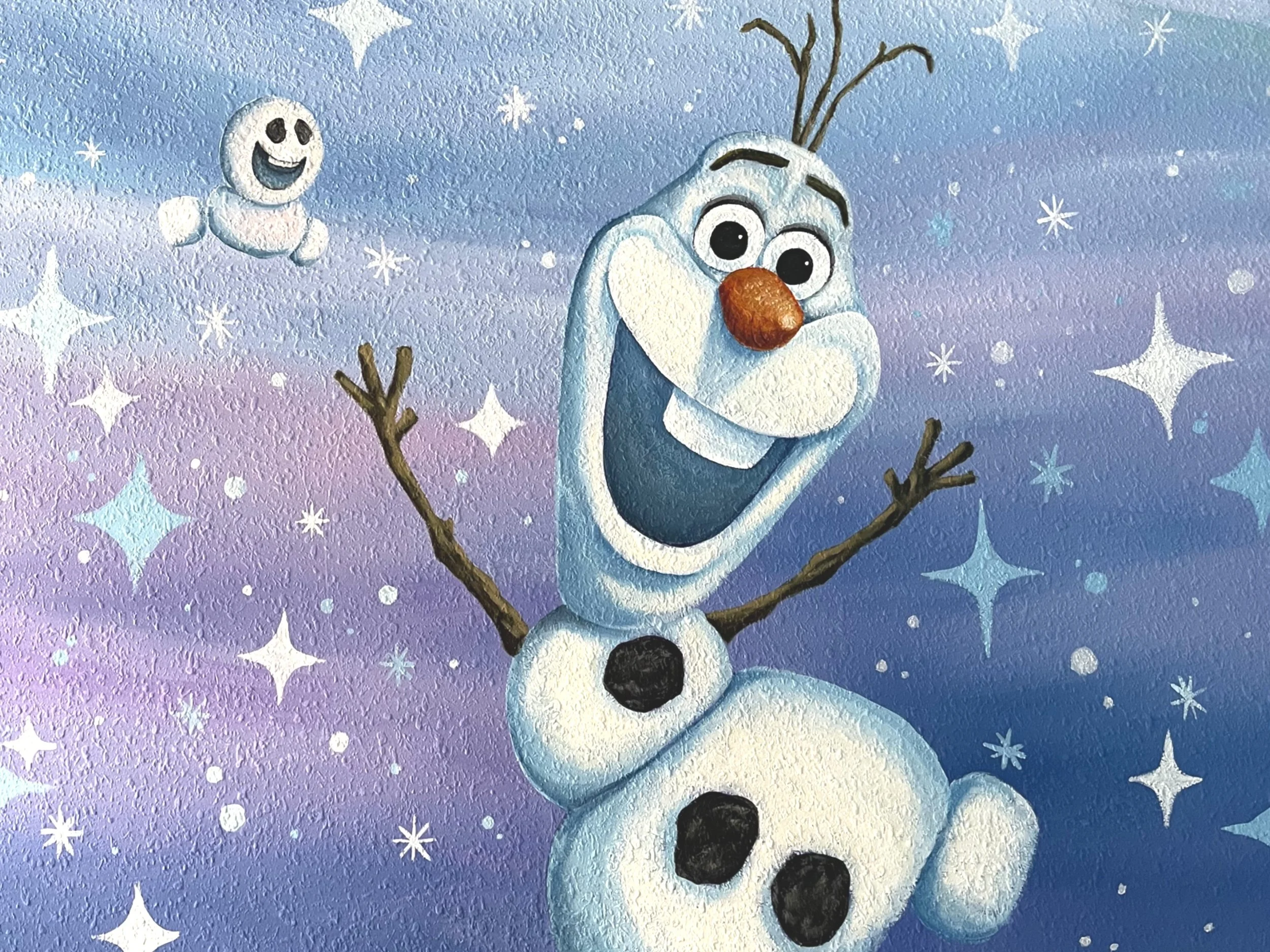Cartoon image of Olaf, a snowman from Disney's Frozen, with a big smile, open arms, and a red nose. There is a small snowman in the background with a smiling face. The background is a colorful, starry, winter sky with purple, blue, and pink hues.