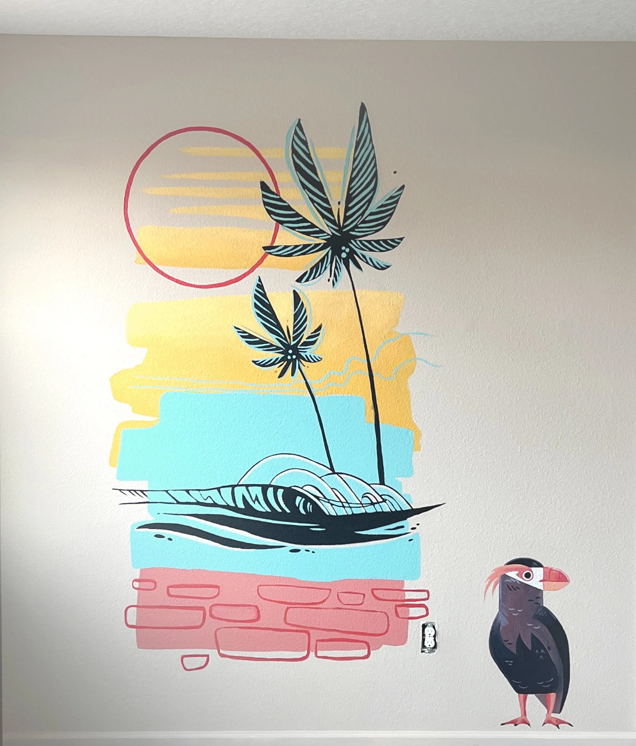 Colorful wall mural featuring abstract palm trees with legal cannabis leaves, a sunset, and a characteristic toucan bird standing on the floor.