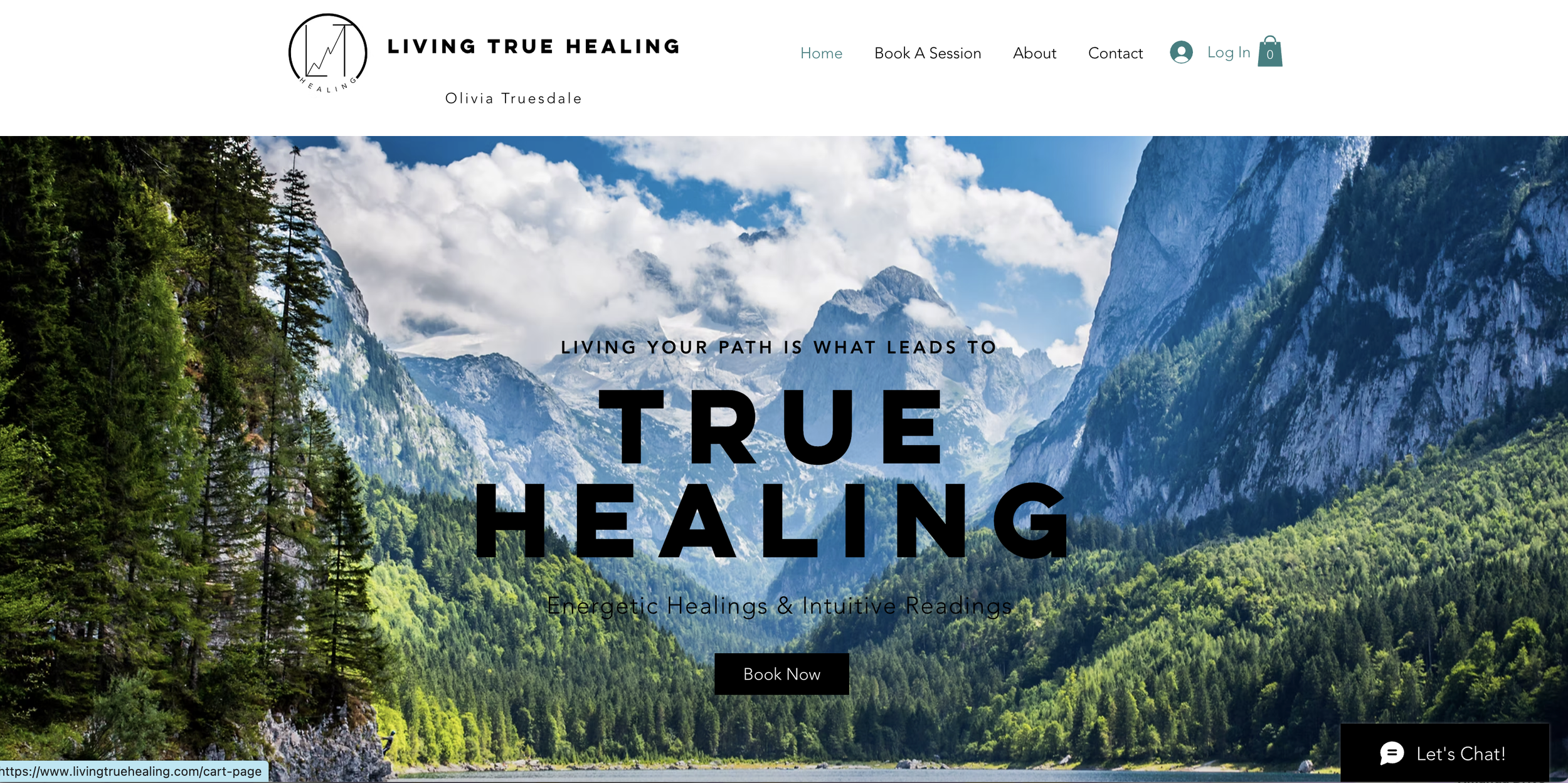 Homepage of Living True Healing website featuring a mountain and forest landscape with large text that reads "Living your path is what leads to true healing."