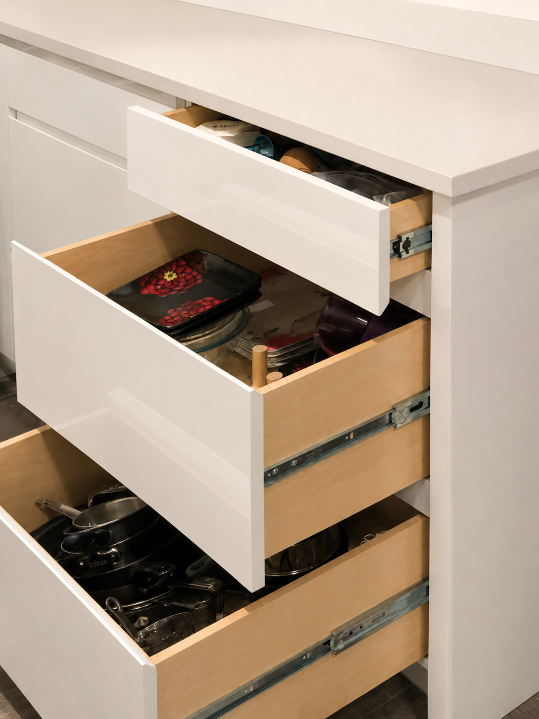 Custom Finger Pull Base Cabinet with Deep Drawers