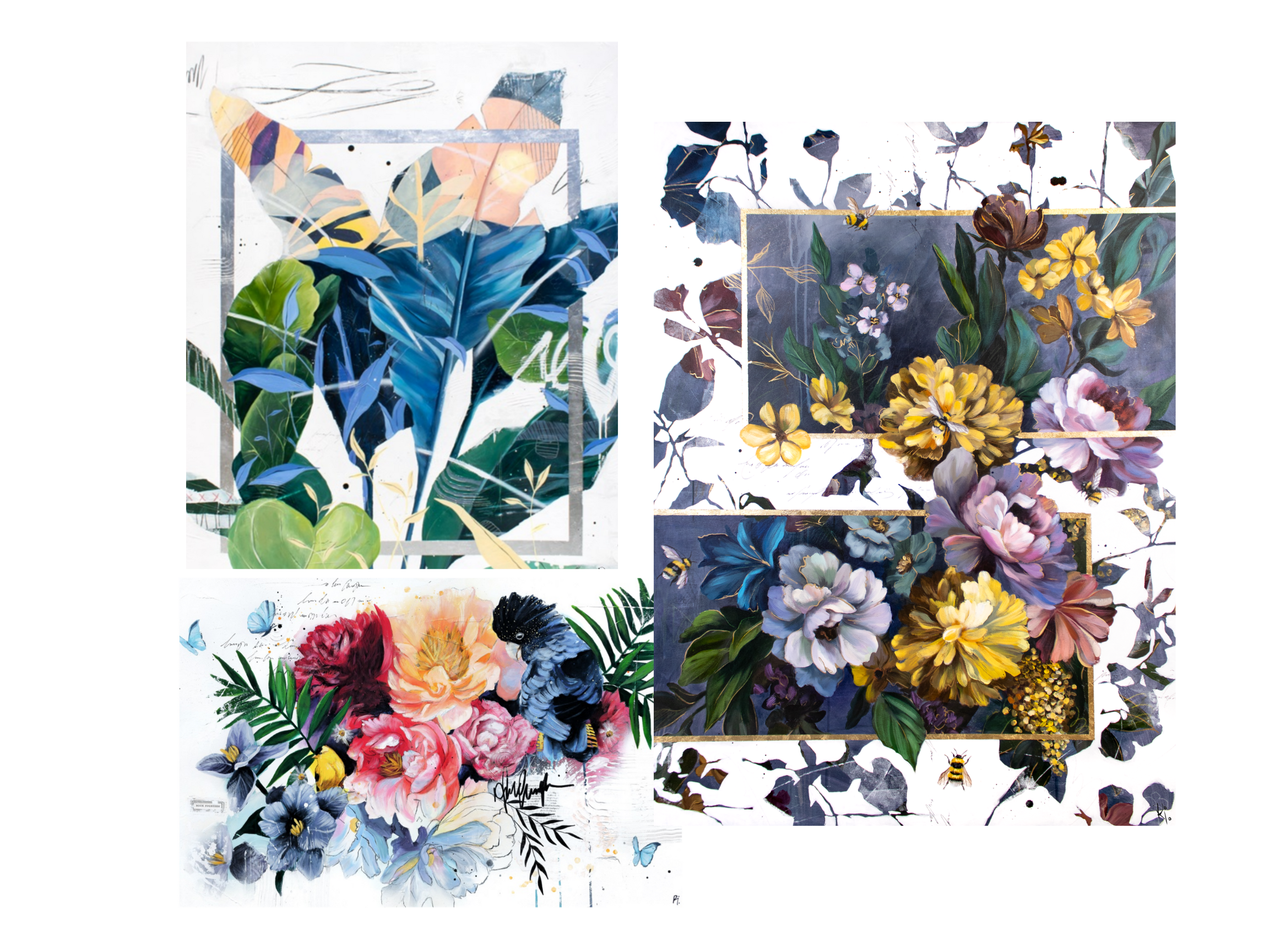 Collage of three watercolor floral paintings featuring vibrant flowers and leaves, some with butterflies and bees, in various arrangements and styles.