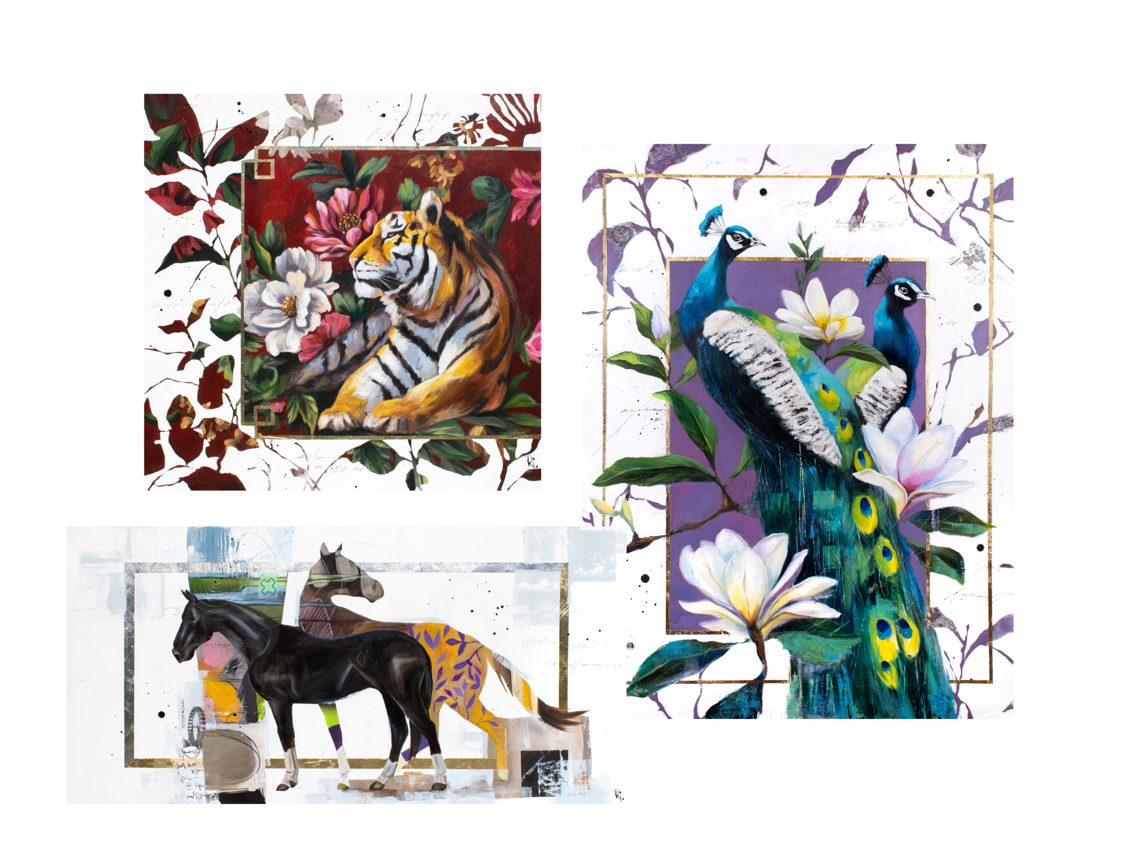 Three abstract paintings featuring animals and floral motifs. The top left painting depicts a tiger surrounded by flowers, the top right shows a peacock with flowers, and the bottom left features two horses with abstract background elements.