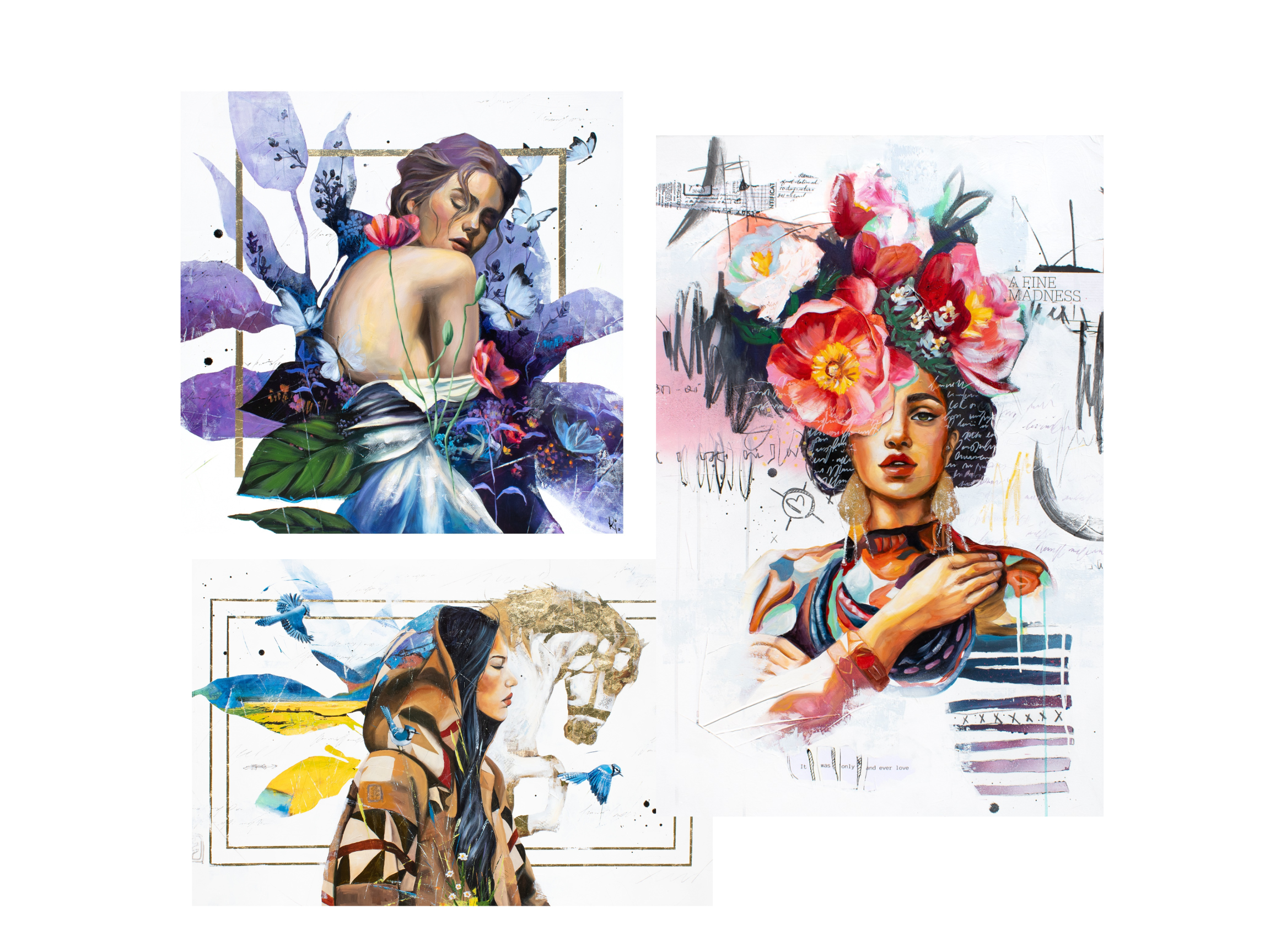 Three vibrant mixed media portraits of women with floral and nature-inspired elements, featuring abstract backgrounds and expressive details.