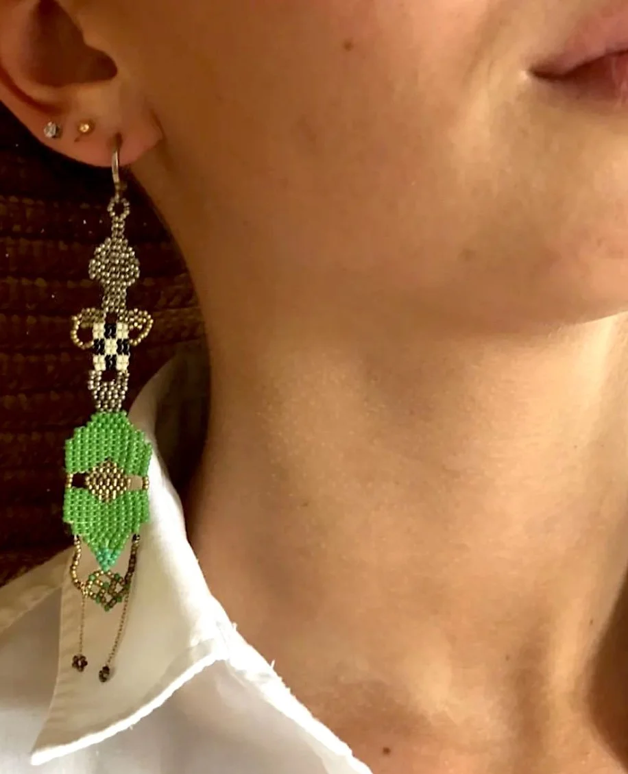 Glass Beads Weaved Earrings in Green and Gold