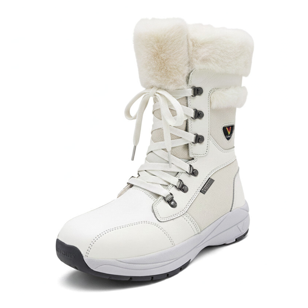 Women’s genuine leather mid-calf waterproof non-slip winter snow boots in white