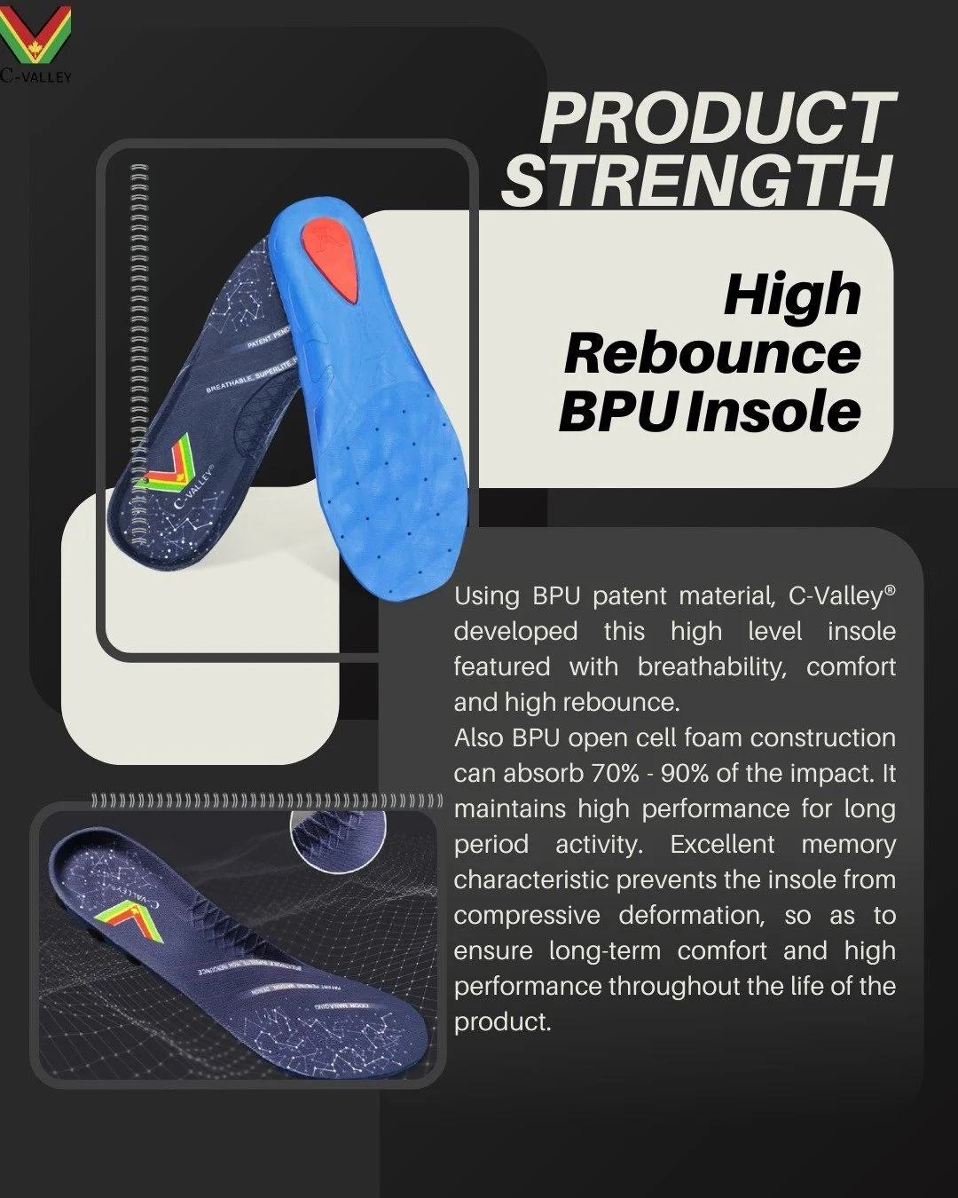 👟 Comfort that lasts.
Our High Rebound BPU Insole cushions every step, absorbs shocks, and keeps your feet energized all day. Say goodbye to foot fatigue and hello to next-level comfort. 🌿✨
#CValley #FootwearInnovation #ComfortFirst #EveryStepMatte