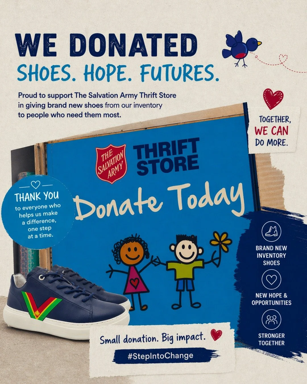Proud to support @salvationarmycanada

We donated brand new shoes from our inventory to those who need them most.
A small step can make a big difference. 👟
Small donation. Big impact.
Together, we can go further.

If other charities or organizations