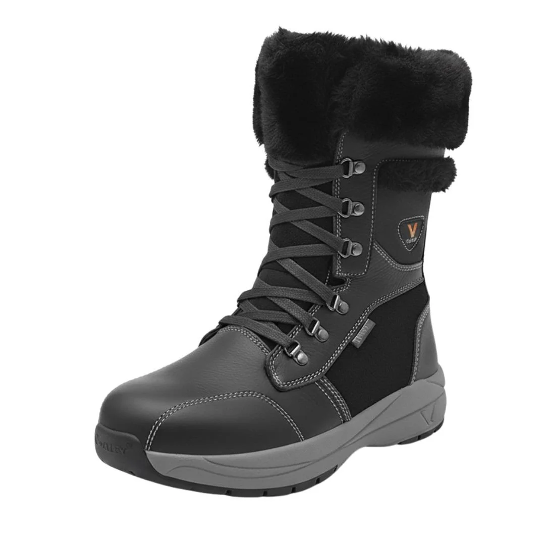 Women’s genuine leather mid-calf waterproof non-slip winter snow boots in black