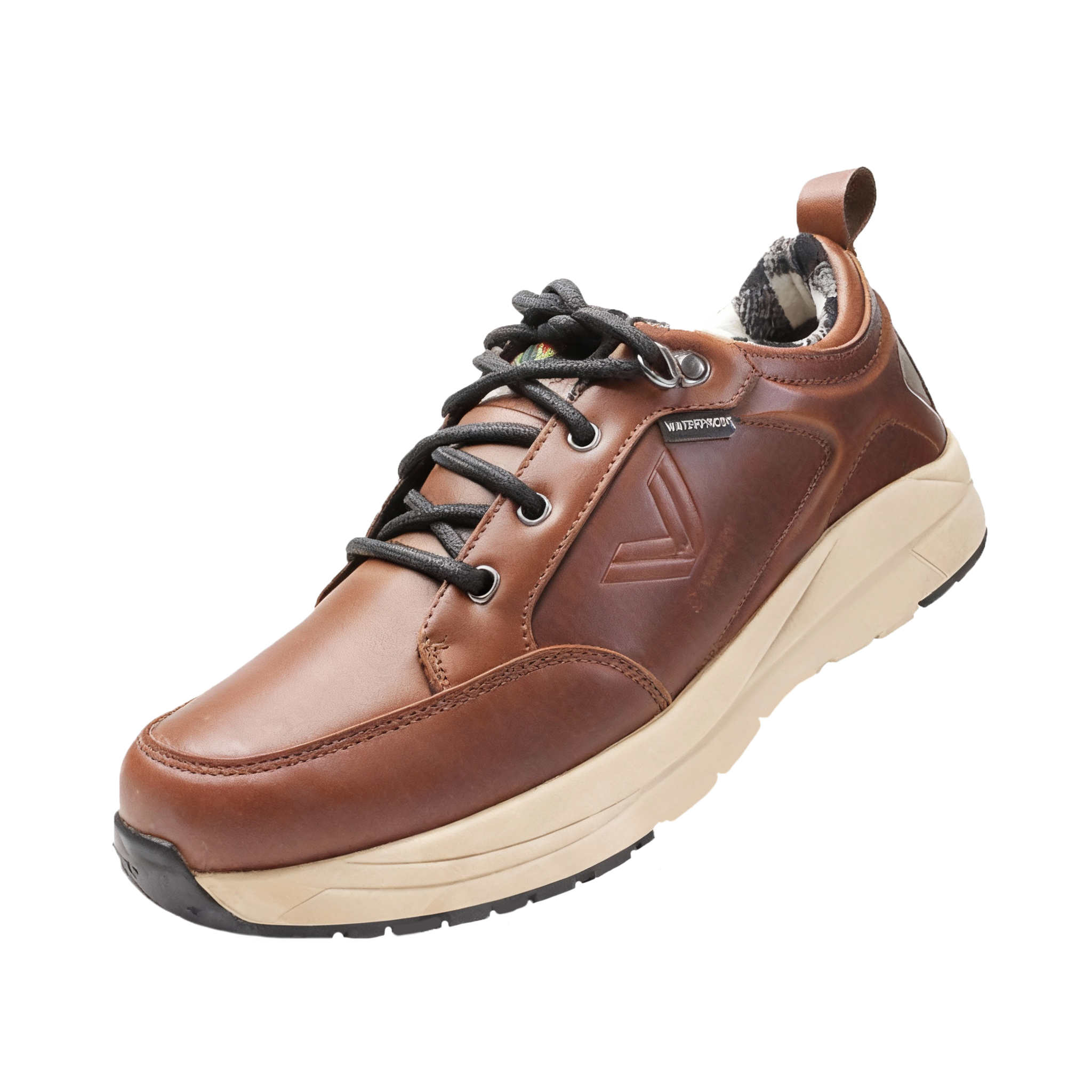 Men’s waterproof full-grain leather outdoor winter boots on rugged terrain in brown