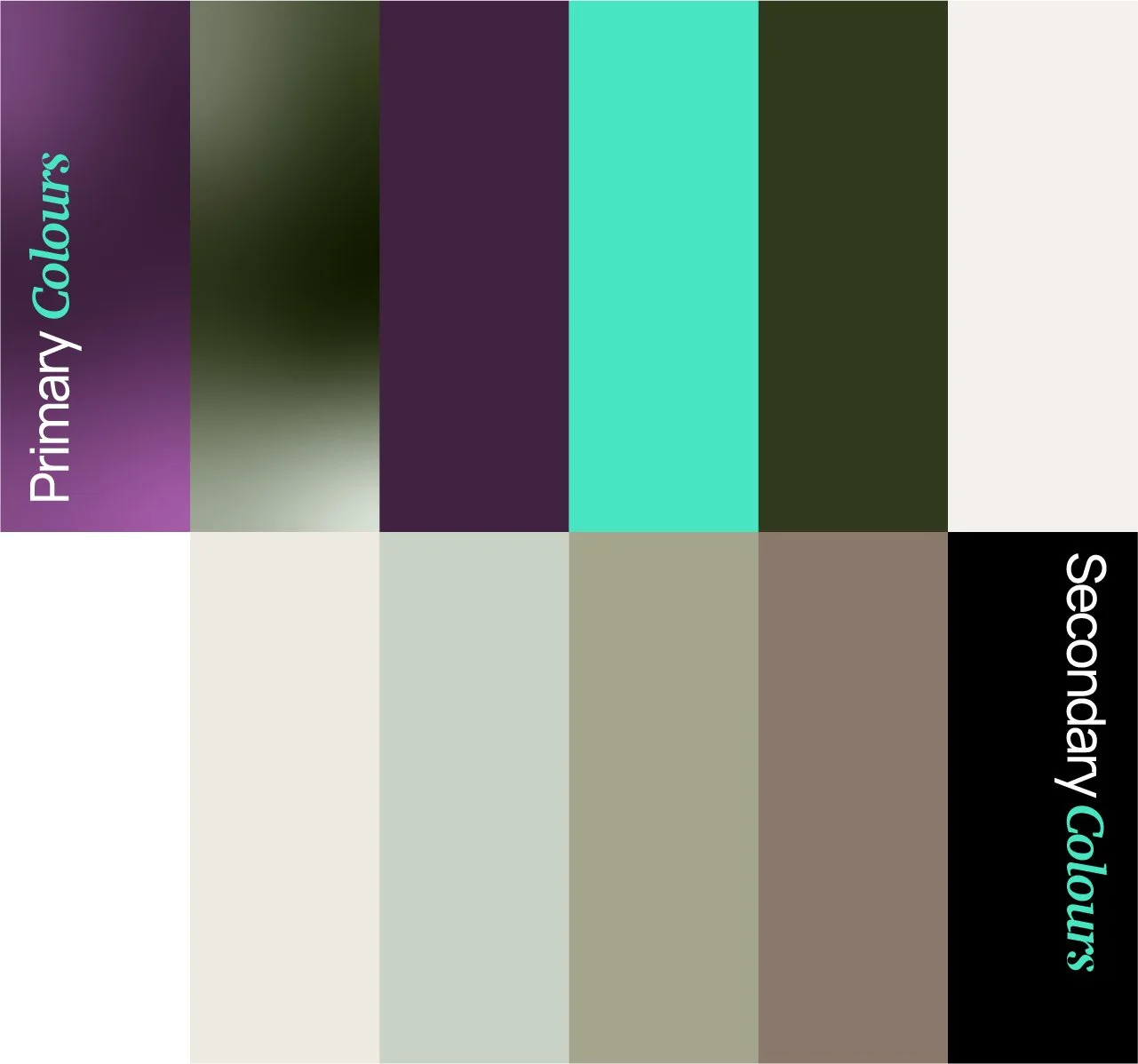Colour palette with a range of neutral earthy tones and accents, green and teal