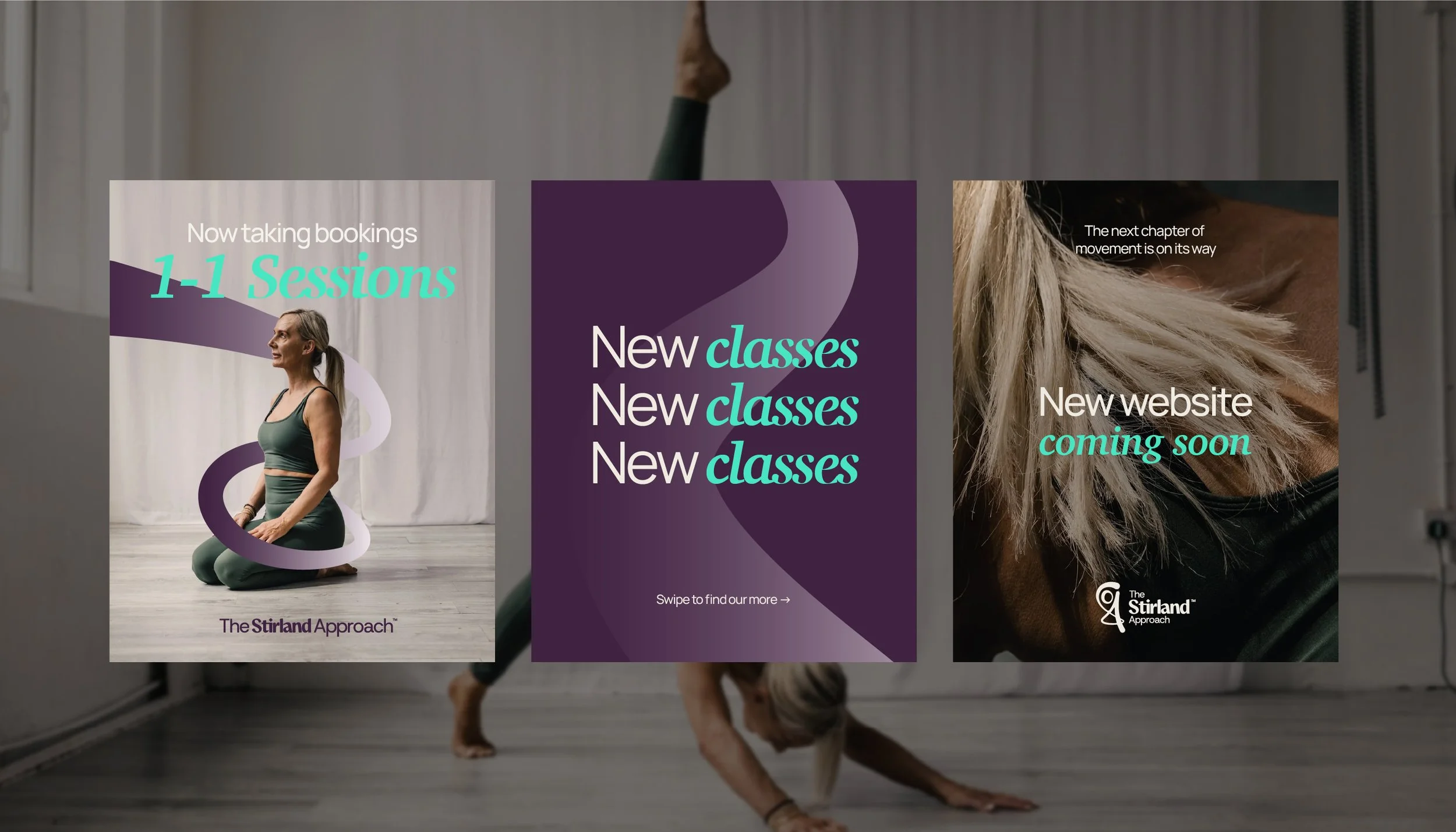 3 social media images of the stirland approach. New Classes, New Website coming soon