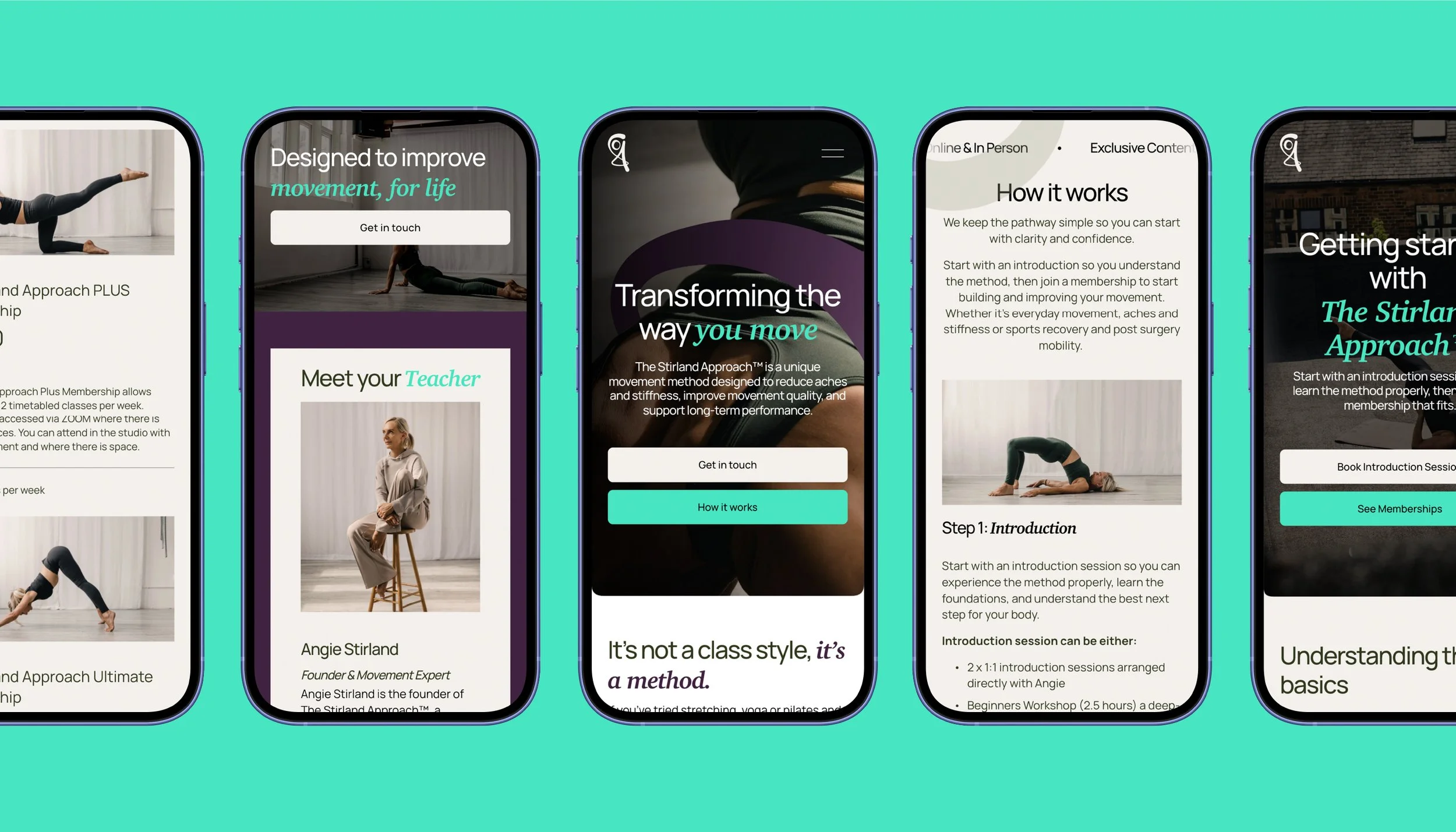 mobile phones in a row with the stirland approach website displayed on the screens, teal background