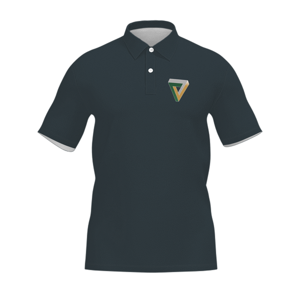 Black polo shirt with a small triangular logo on the left chest and white accents on the collar and sleeves.