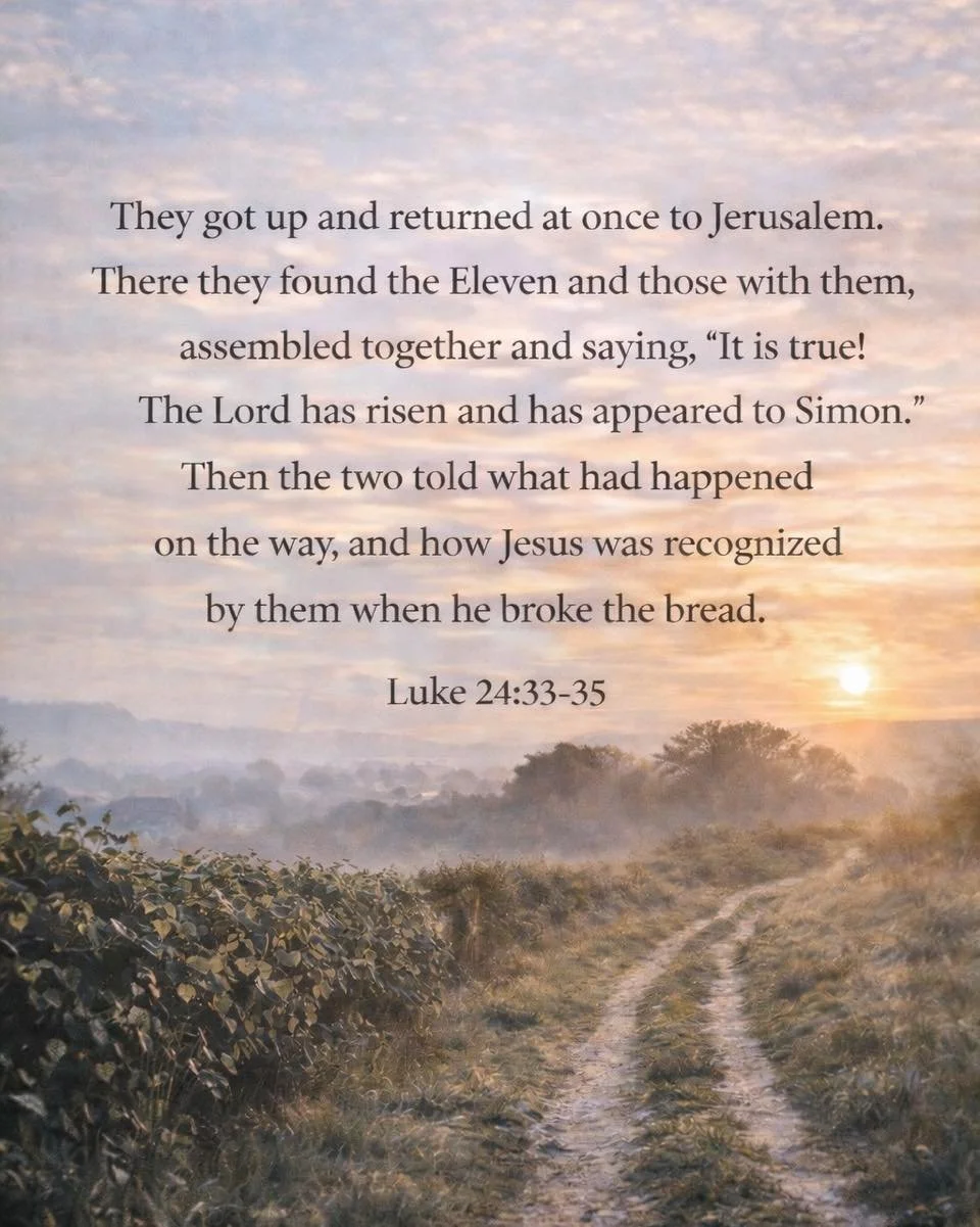 On the road to Emmaus, everything changed.

What began in confusion and sorrow ended in joy and certainty.

&ldquo;The Lord has risen indeed&hellip;&rdquo;
Luke 24:34

When the disciples recognised Jesus, they could not stay where they were.
They tur