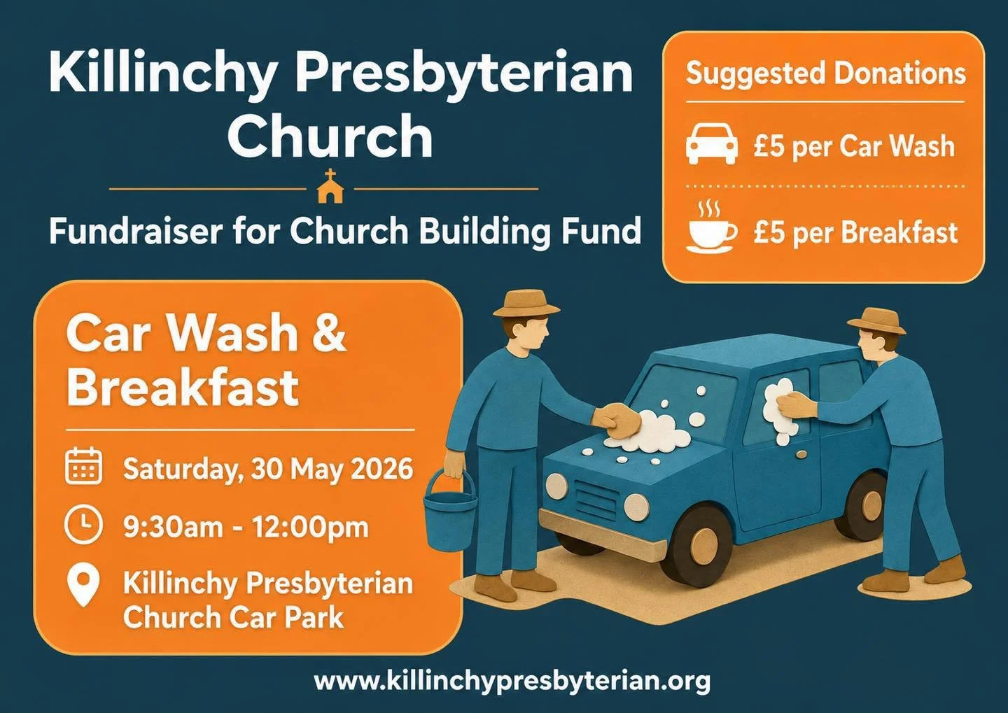 Just a reminder that our Car Wash &amp; Breakfast Fundraiser is taking place tomorrow morning.

Pop along to Killinchy Presbyterian Church Car Park between 9:30am and 12:00pm for a car wash, breakfast, and a chance to support our Church Building Fund