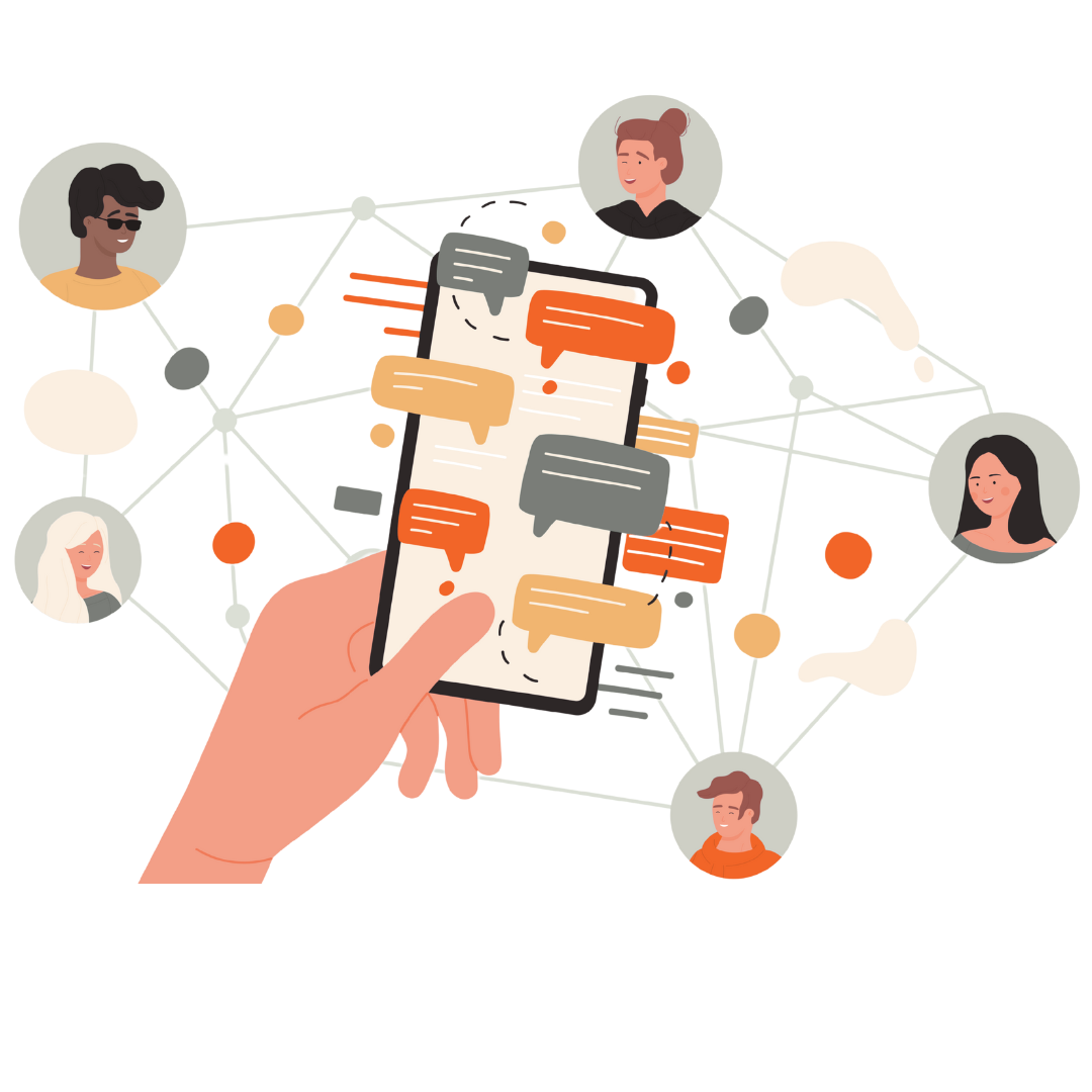 Illustration of a hand holding a smartphone with speech bubbles on the screen. Connected network of diverse people around the phone, symbolizing communication and social networking.