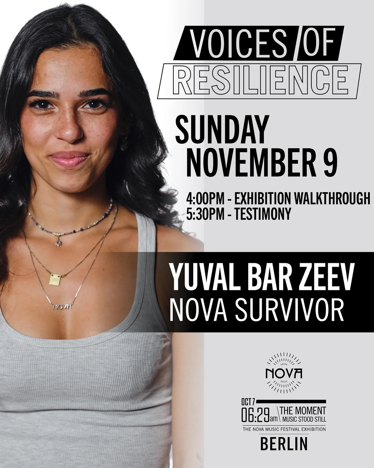 Join us on Saturday, November 1st in Berlin for Voices of Resilience series, featuring:
Yuval Bar Zeev, Nova survivor

Yuval will share her story of survival at the Nova Music Festival and her path towards healing on the months following. 

4:00pm - 