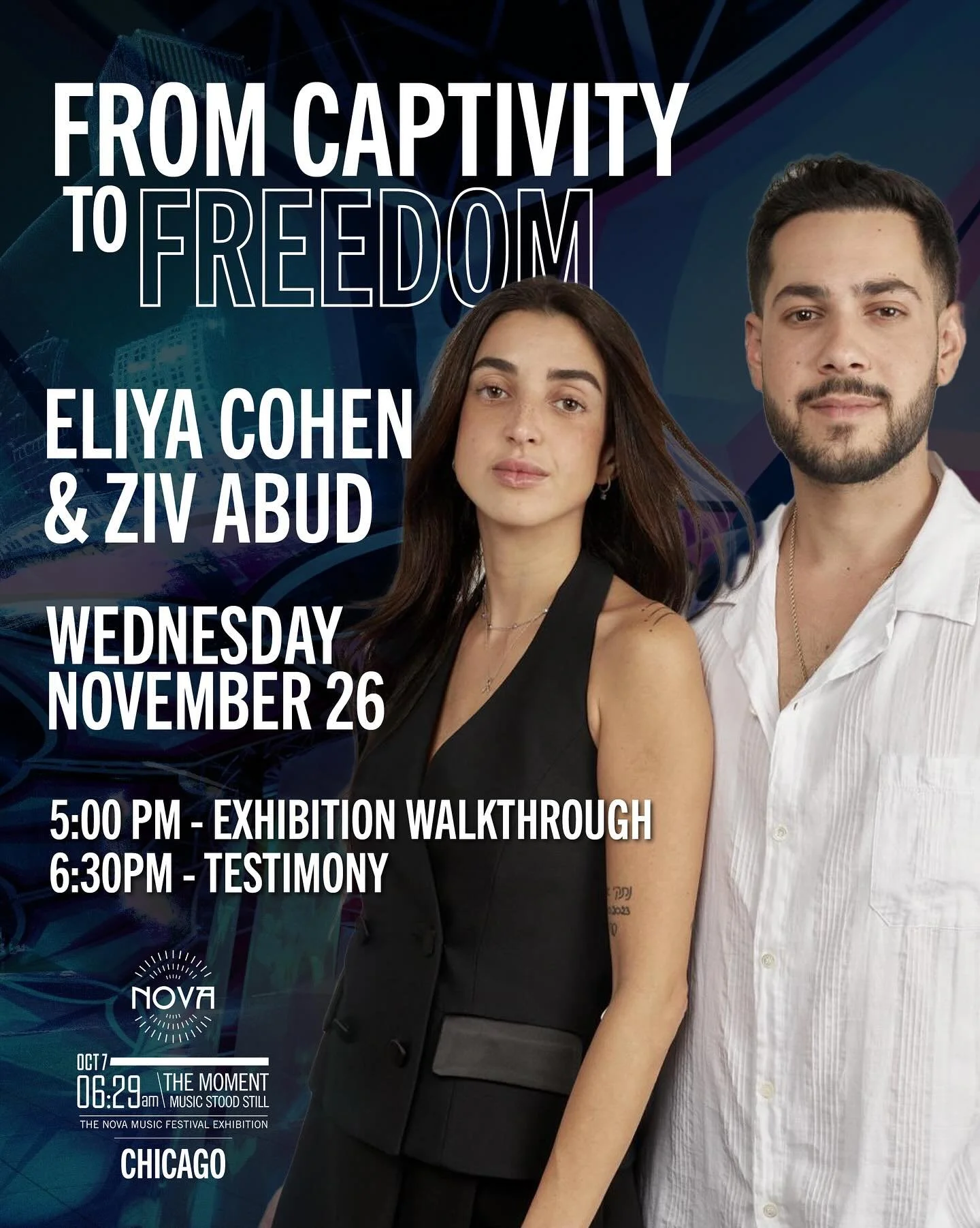 From Captivity to Freedom: Featuring Eliya Cohen &amp; Ziv Abud 

We are honored to welcome Eliya Cohen and Ziv Abud as featured speakers on Wednesday,&nbsp;November 26th. Eliya was kidnapped from the Nova Music Festival and held hostage in Gaza for 