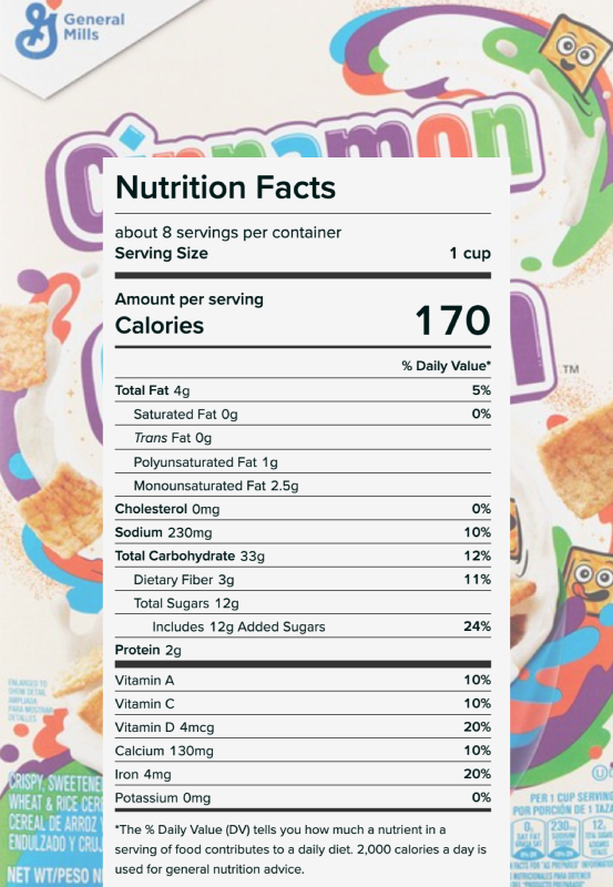Nutrition panel on a box of Cinnamon Toast Crunch