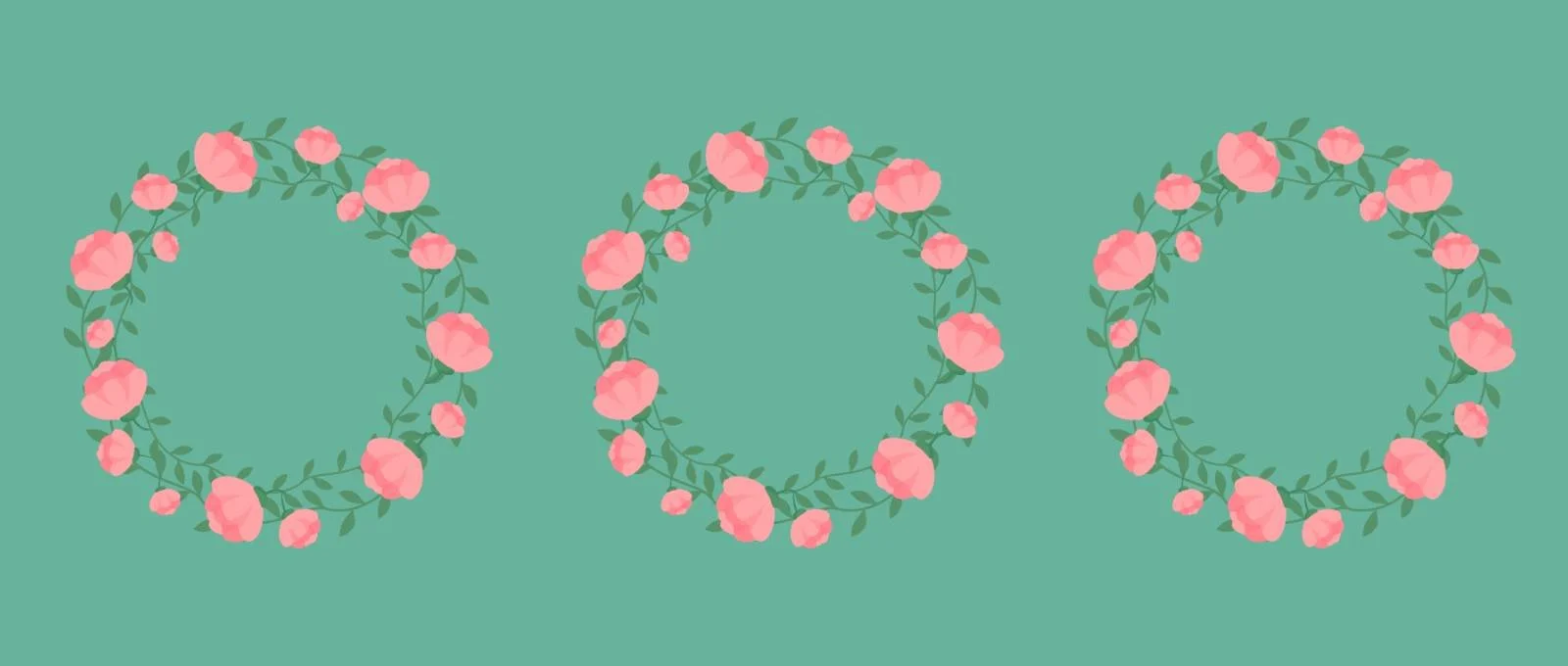 Three pink rose wreaths (loops) line up side by side
