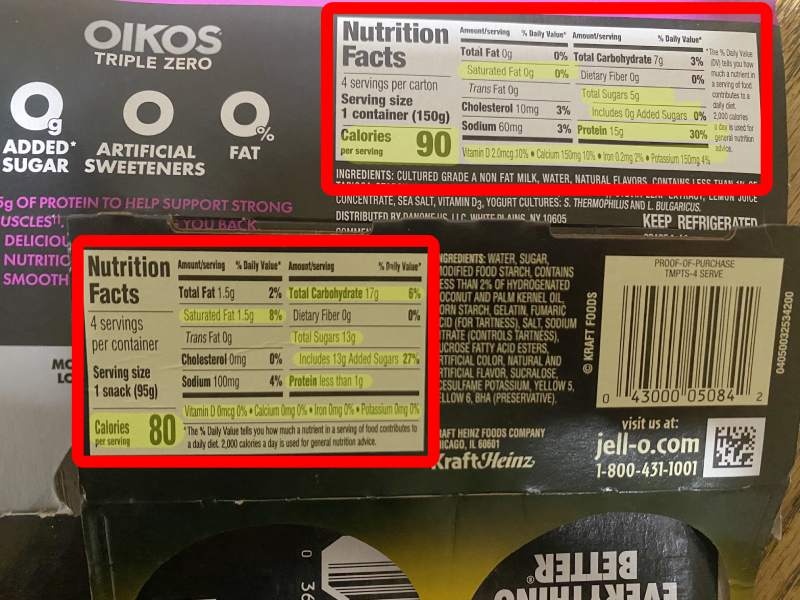 Visual comparison of two food labels: Oikos yogurt and Jello Temptations