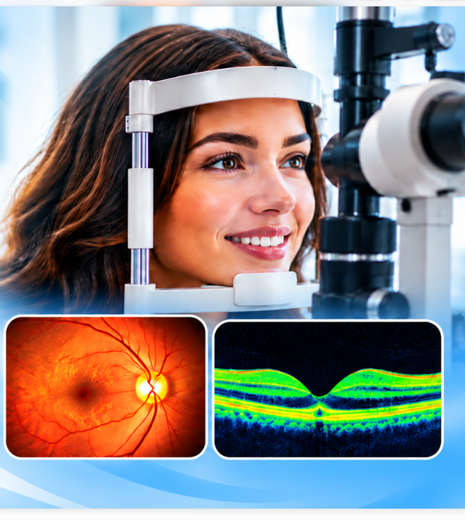 Patient undergoing an eye examination, with retinal photography and OCT imaging displayed below.