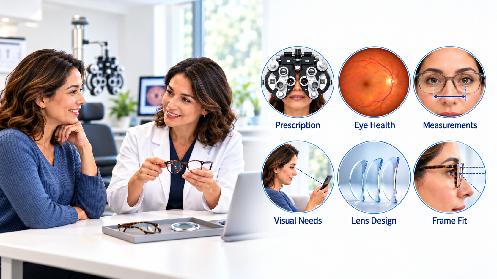 Illustrated consultation with prescription, eye health, measurements, visual needs, lens design, and frame fit