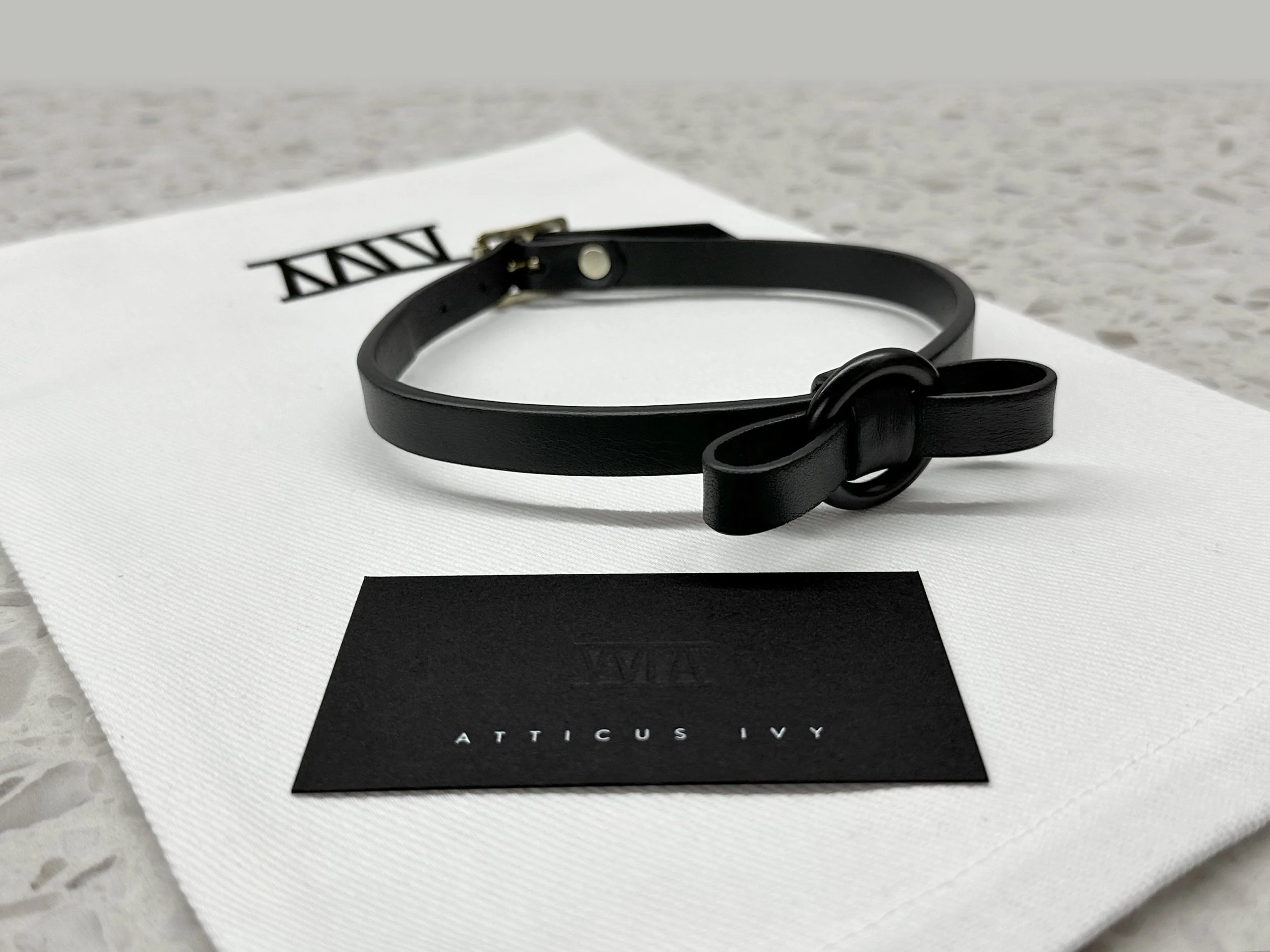 Atticus Ivy Baira black leather bow ring choker_with bag.jpg