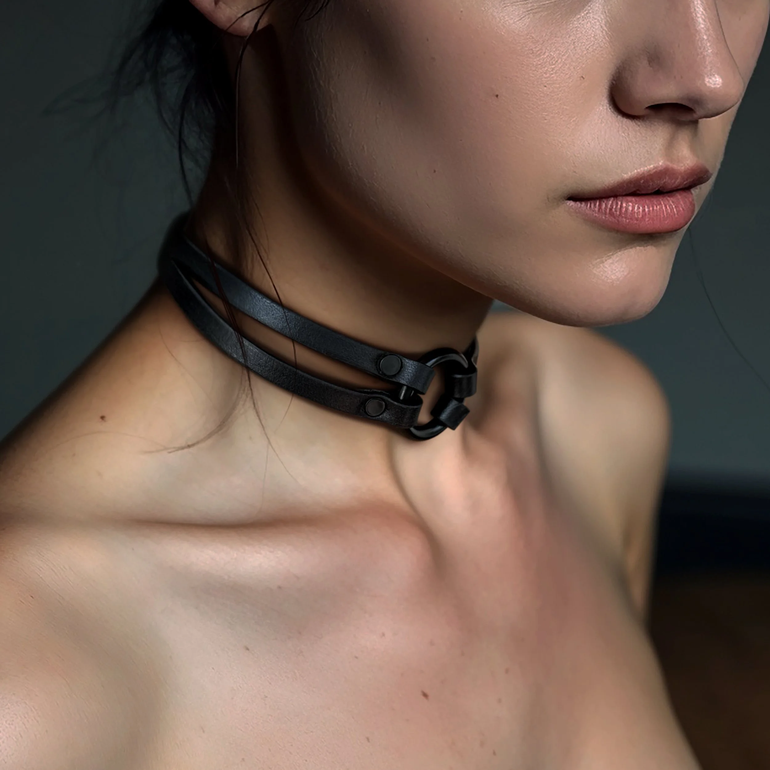 Atticus Ivy Oska slim black on black leather split strap collar_sharon_crop.jpg