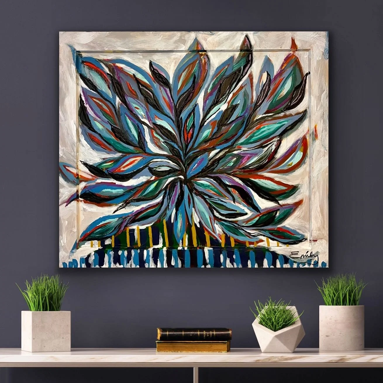 Encaustic painting by Emily Scott with a feather or leaf motif in jewel tones, original Beaufort SC artwork