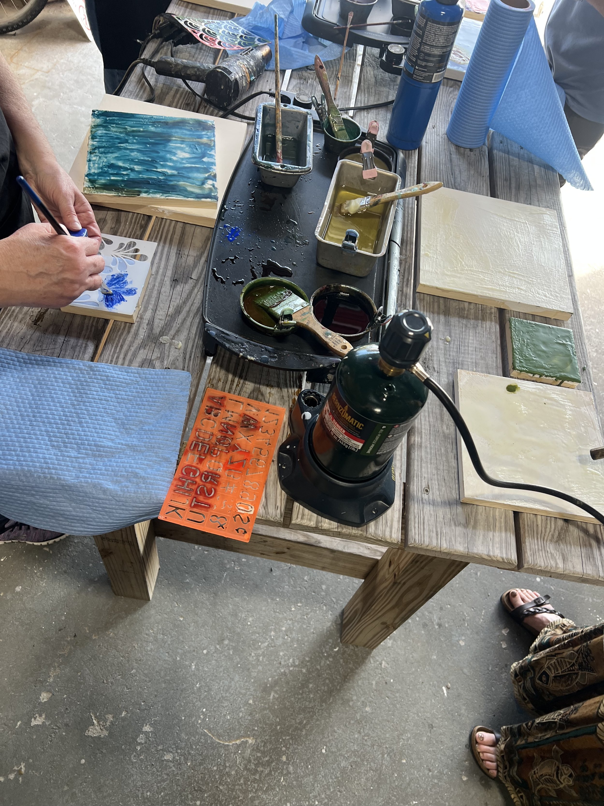 Emily Scott teaching an encaustic painting workshop in Beaufort SC