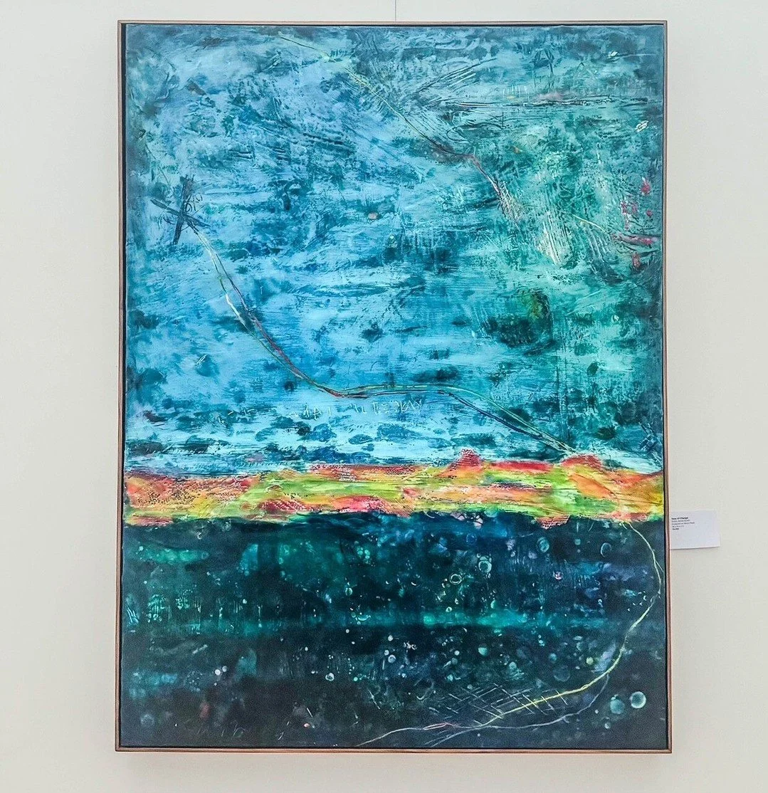 Everything is always shifting. This painting gets that.

Seas of Change &mdash; 48x36 encaustic on wood panel. That band of orange and green cutting between the dark water and the open sky? That's the in-between place. The moment right before things 