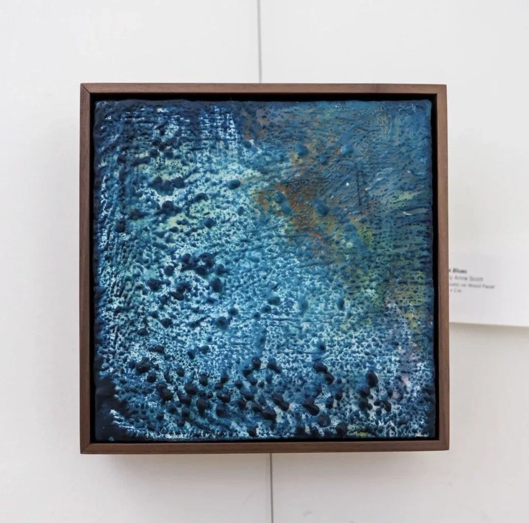 Lake Blues &mdash; 8x8 encaustic on wood panel, custom walnut frame, $400. 

Every layer of wax holds something different depending on the light. 

It's one of those pieces you'll keep noticing new things in.

Signed, wired, and ready to hang. 

@win