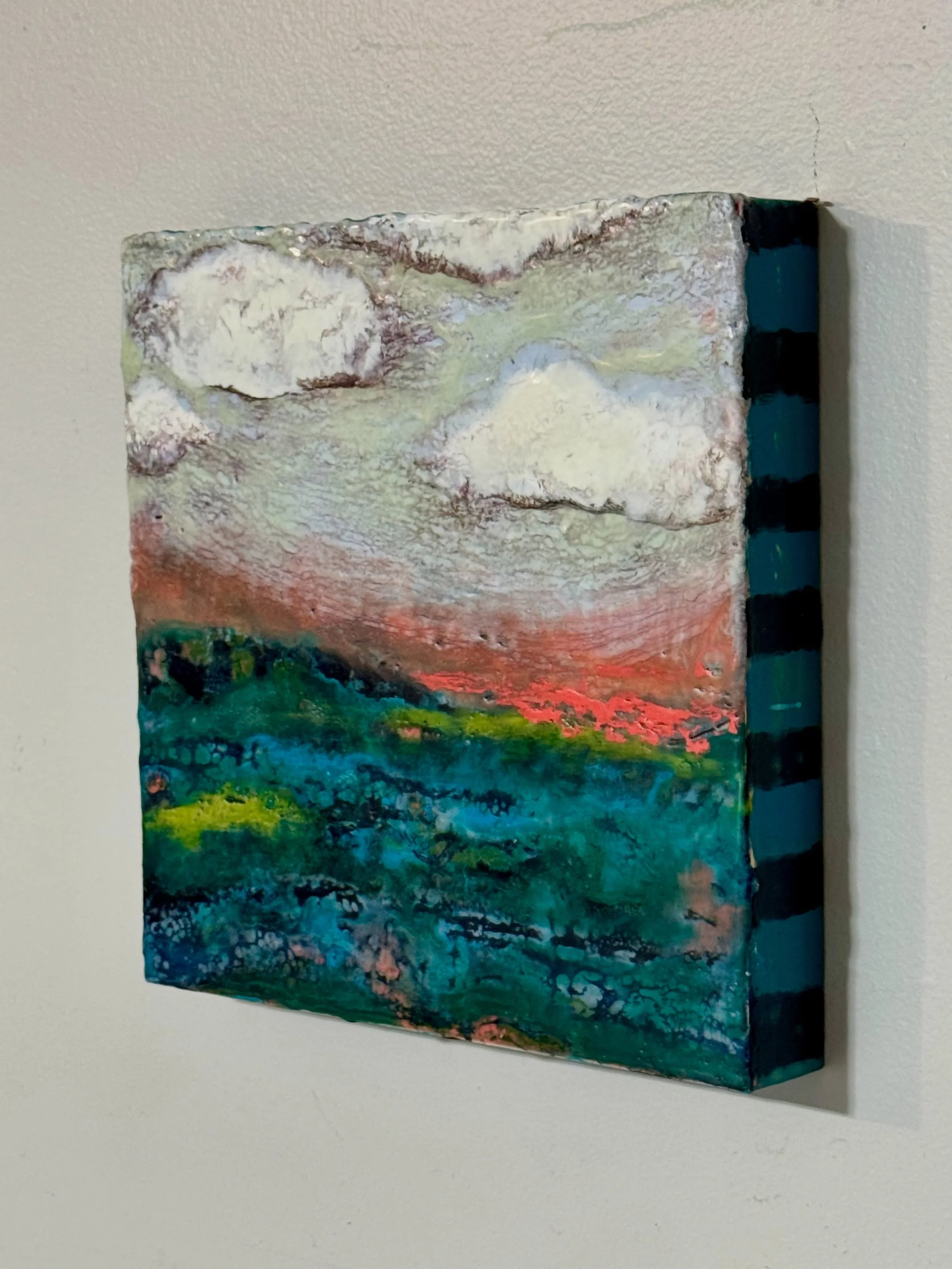 I&rsquo;ve been pushing and pulling this one for a while. I&rsquo;m happy with where it found its completion! And She asked for funky sides to really share her joy. This beauty makes me happy! Encaustic on wood panel. Available now. DM to purchase.