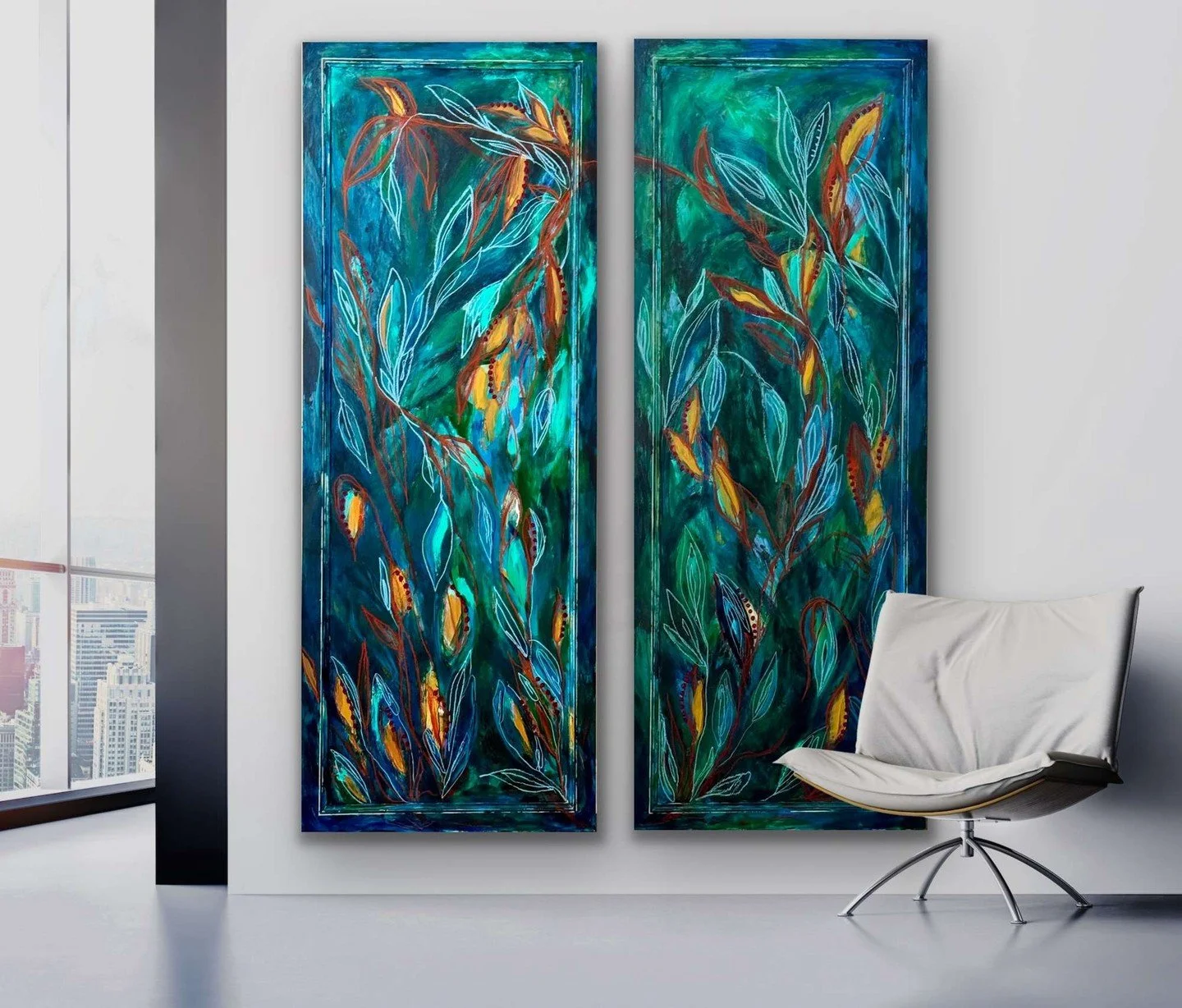 I love working with bold colors, rich textures, and nature inspired details to create artwork that brings a space to life. This original mixed media diptych adds depth, color, and a striking focal point to your home or office.

Artwork Details:
Mediu