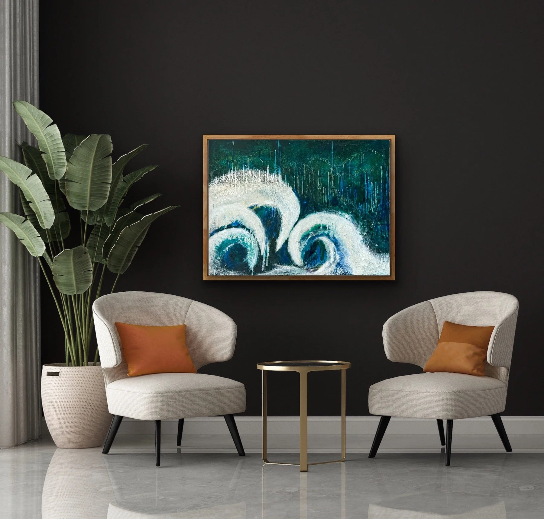 Original encaustic wave painting by Emily Scott in deep teal and white, shown in a styled sitting room as an example for fine art consulting clients