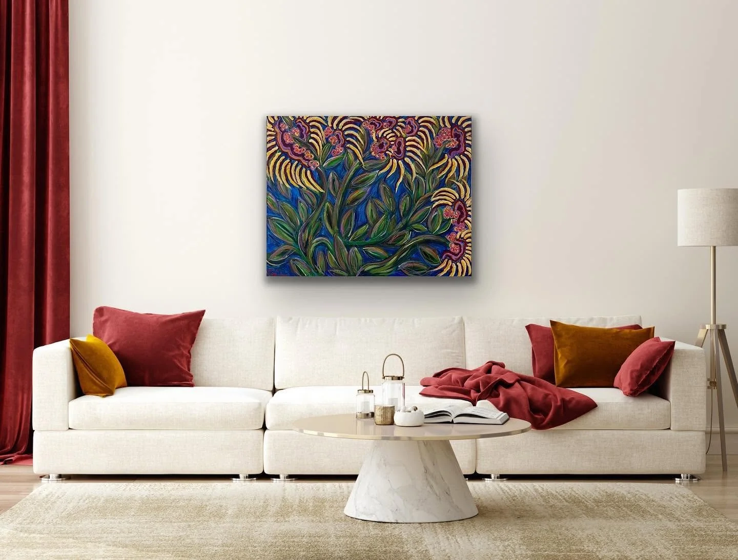 Colorful encaustic abstract painting by Emily Scott in warm jewel tones, available for purchase