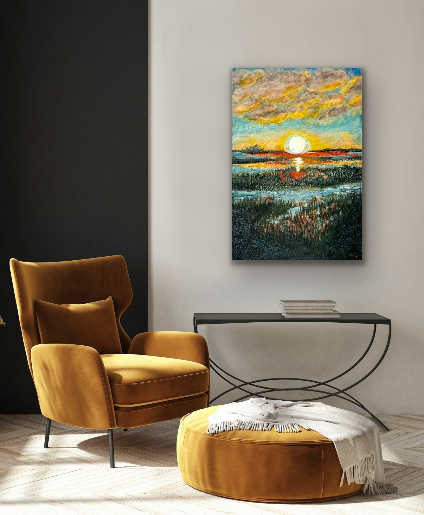 Original encaustic painting of a Lowcountry marsh sunset by Emily Scott, shown in a living room as an example for commission inspiration